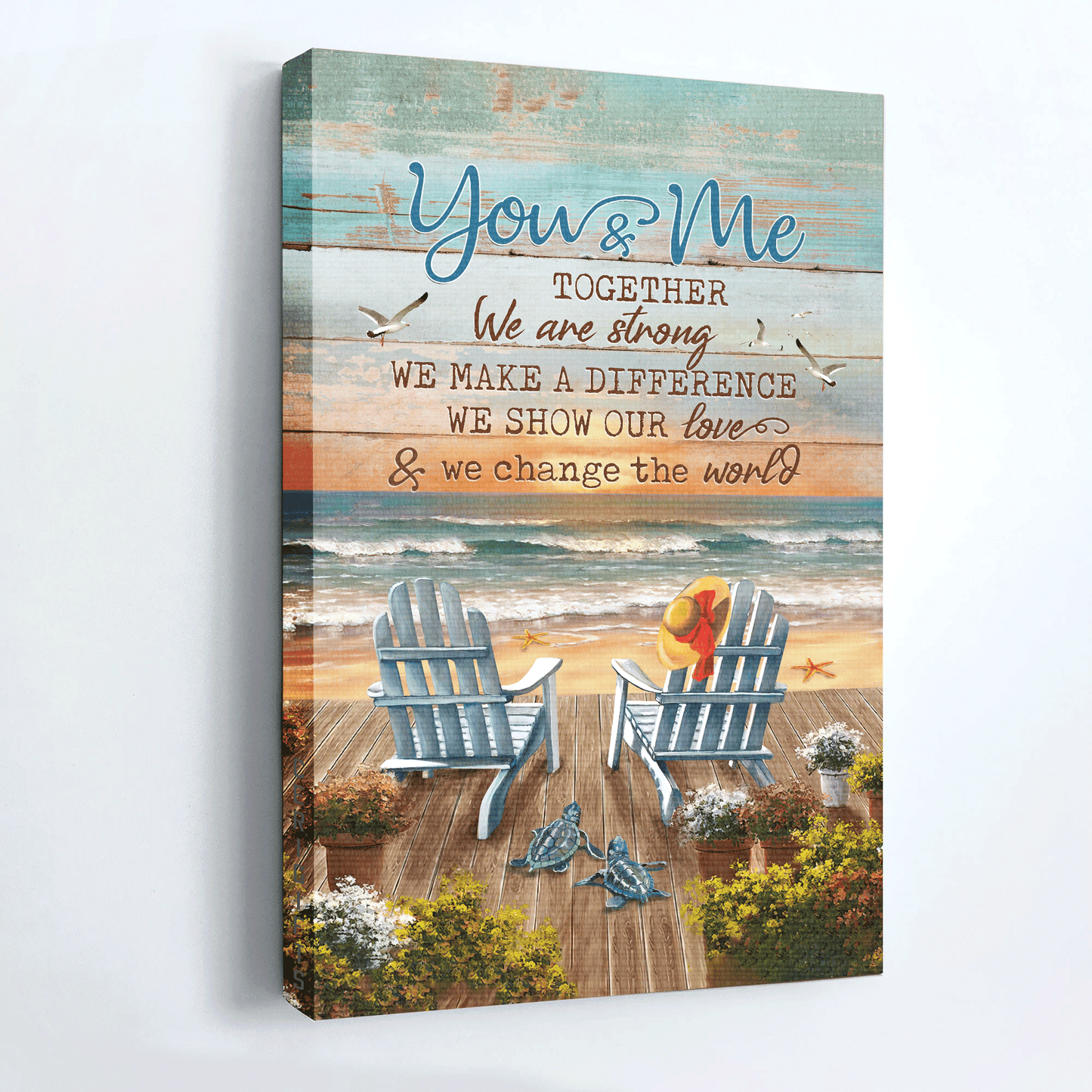 Couple Portrait Canvas- Blue chairs, Ocean painting, Orange sunset - Gift for Couple, Lover- You and me together - Portrait Canvas Prints, Wall Art