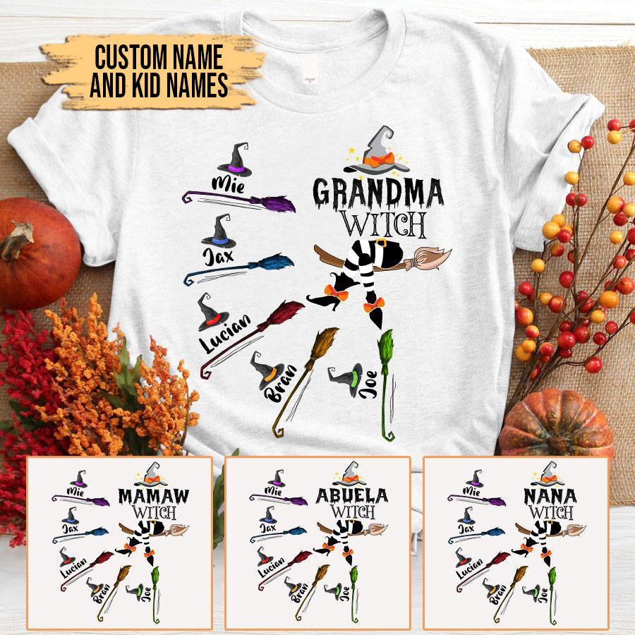 Grandma and Kids Custom Name T-shirt, Grandma Witch And Broom Kids Personalized Shirt - Perfect Gift For Gigi, Nana, Mimi, Grandma
