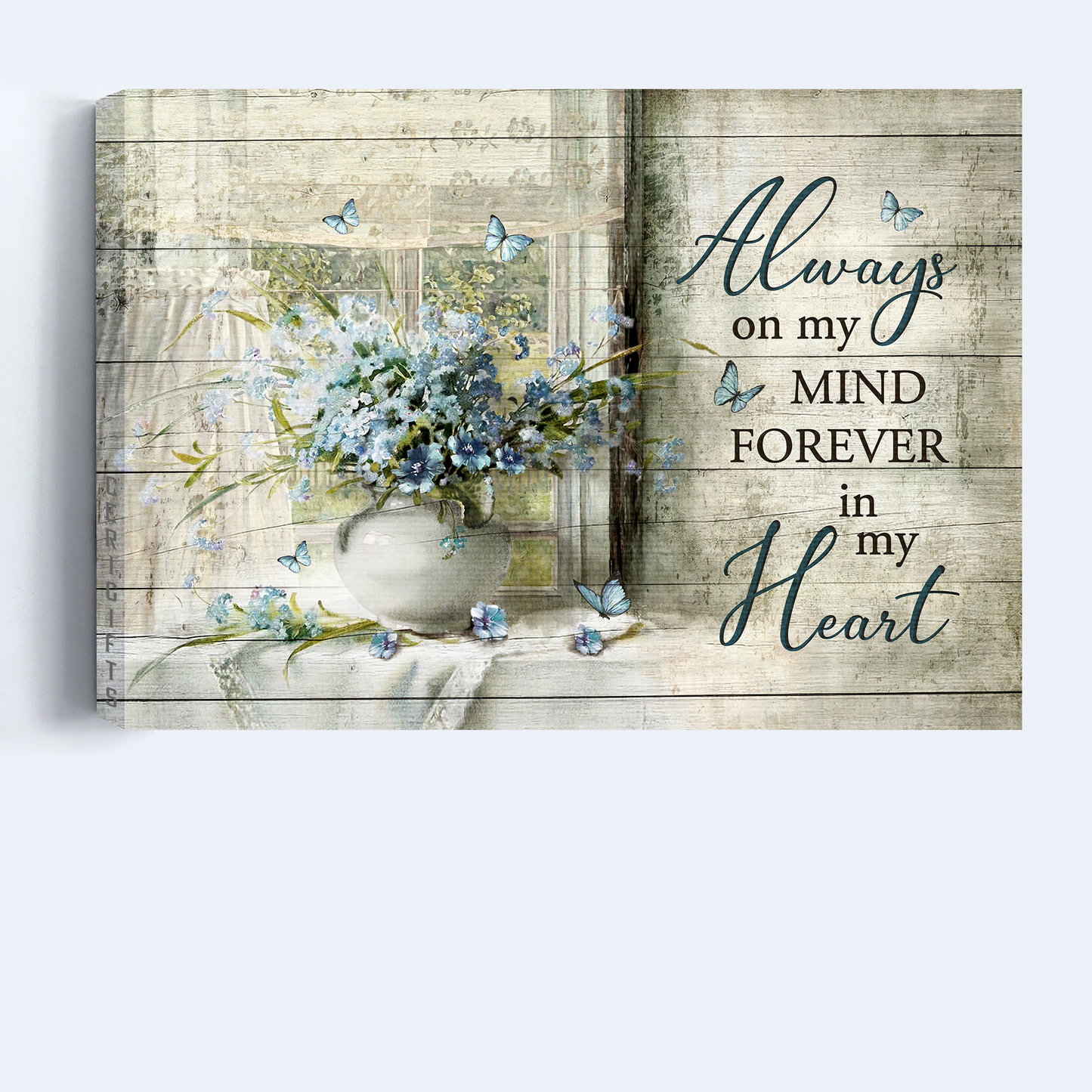 Heaven Landscape Canvas - Blue flower, Blue butterfly, Window frame Landscape Canvas - Memorial Gift For Family Members - Always on my mind Landscape Canvas