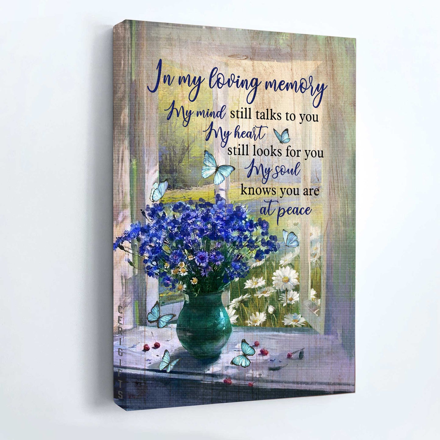 Heaven Portrait Canvas - Blue flower vase by the window Portrait Canvas - Memorial Gift For Family Members - My heart still looks for you My soul knows you are at peace Portrait Canvas