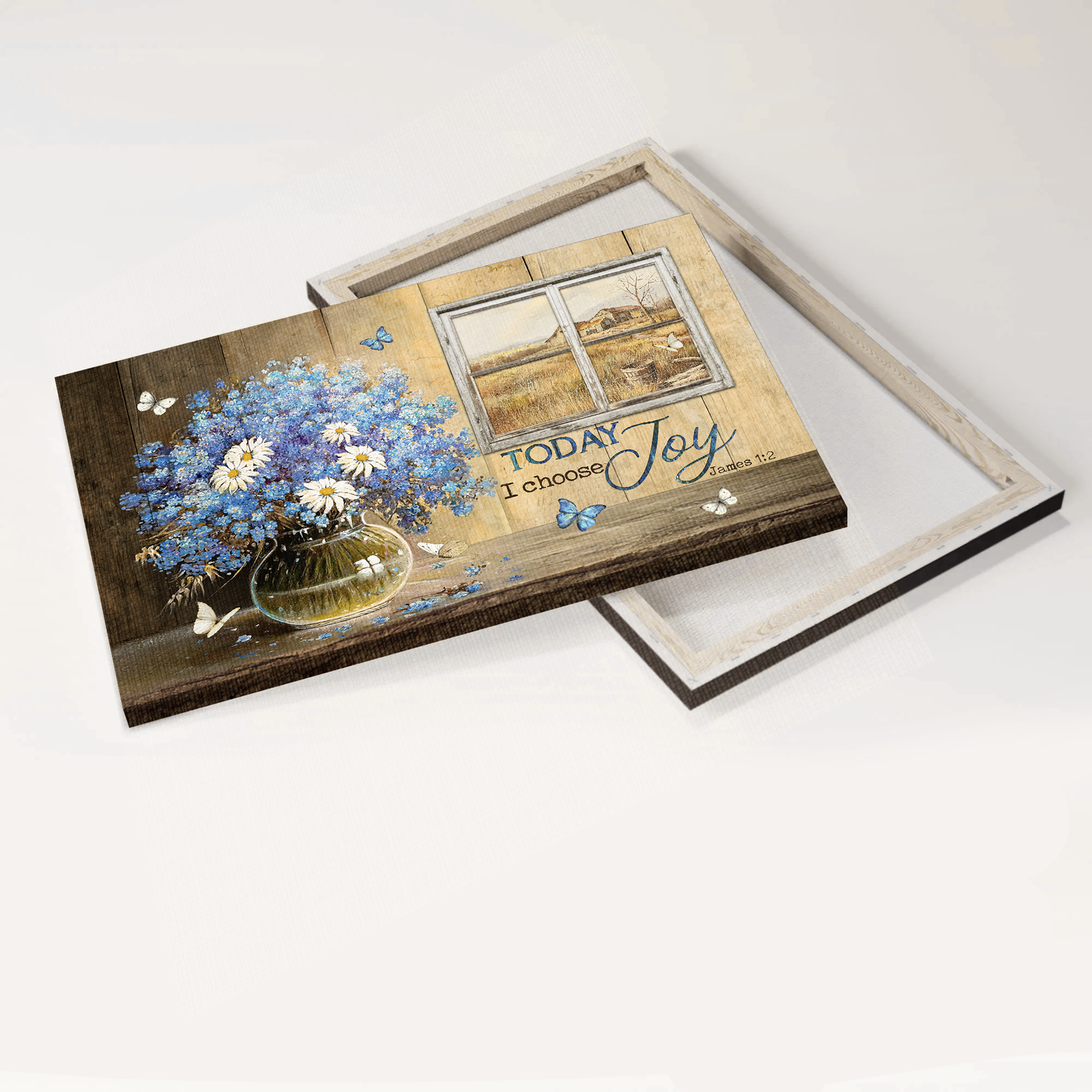 Jesus Landscape Canvas- Blue small flowers, White daisy, Farm view canvas- Gift for Christian- Today I choose joy - Landscape Canvas Prints, Christian Wall Art