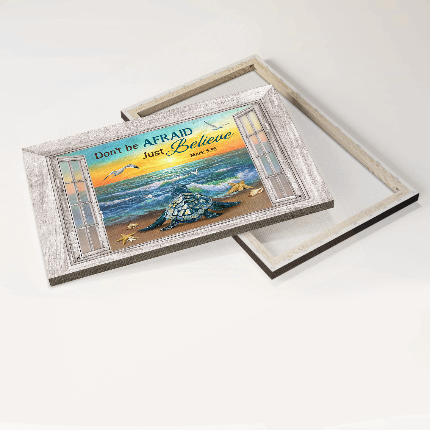 Jesus Landscape Canvas- Blue turtle, Beach scene, Window frame canvas- Gift for Christian- Don't be afraid, Just believe - Landscape Canvas Prints, Christian Wall Art