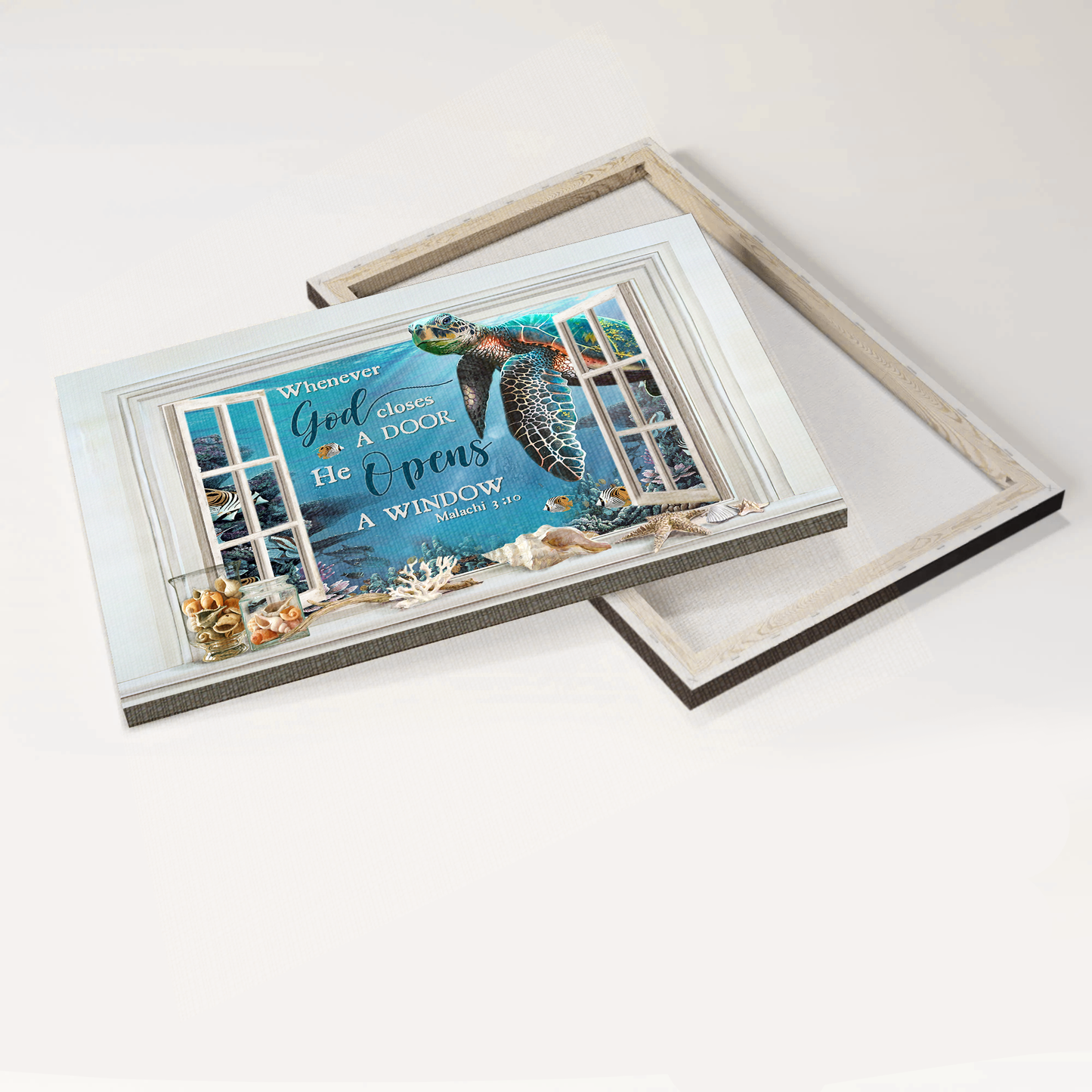 Jesus Landscape Canvas- Blue turtle, Seashell, Window frame, Ocean painting canvas- Gift for Christian- He opens a window - Landscape Canvas Prints, Christian Wall Art