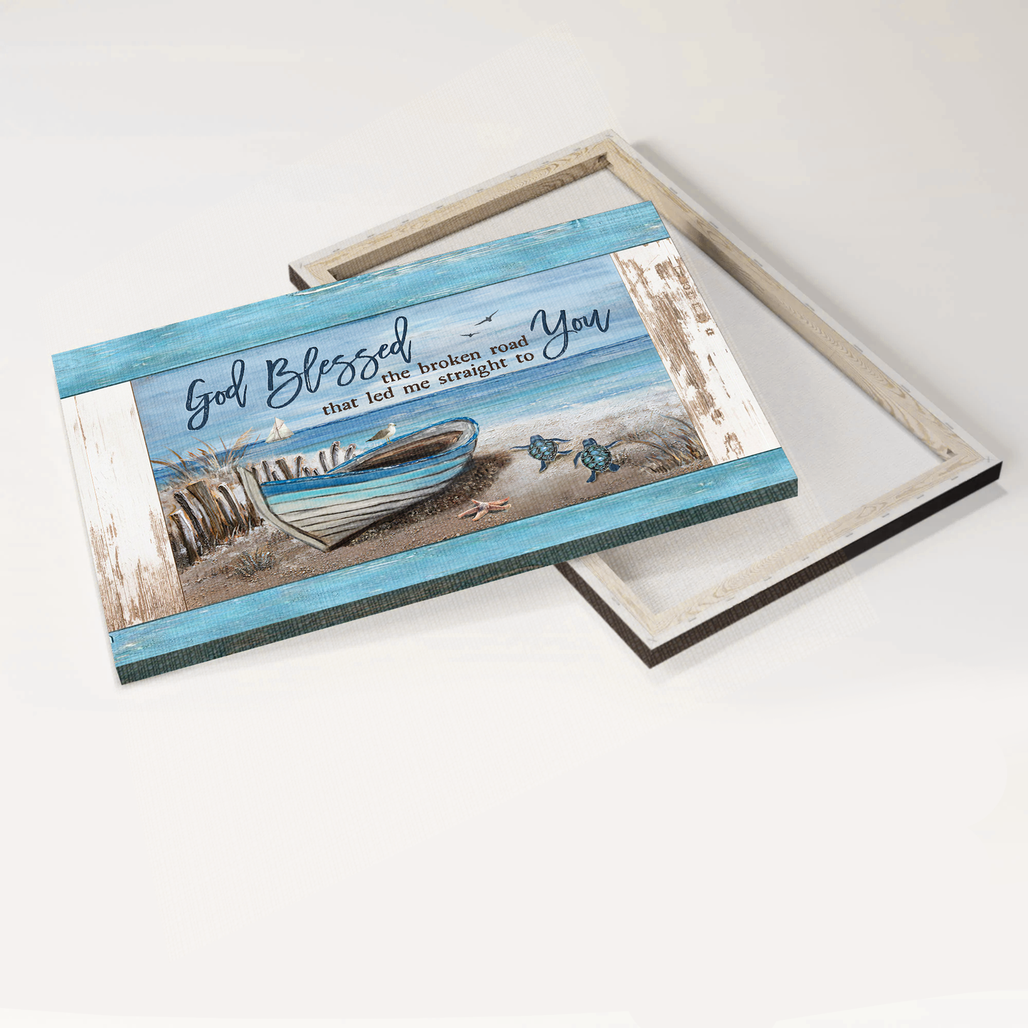 Jesus Landscape Canvas- Blue wooden boat, Sea Turtle drawing canvas- Gift for Christian-God blessed the broken road - Landscape Canvas Prints, Wall Art