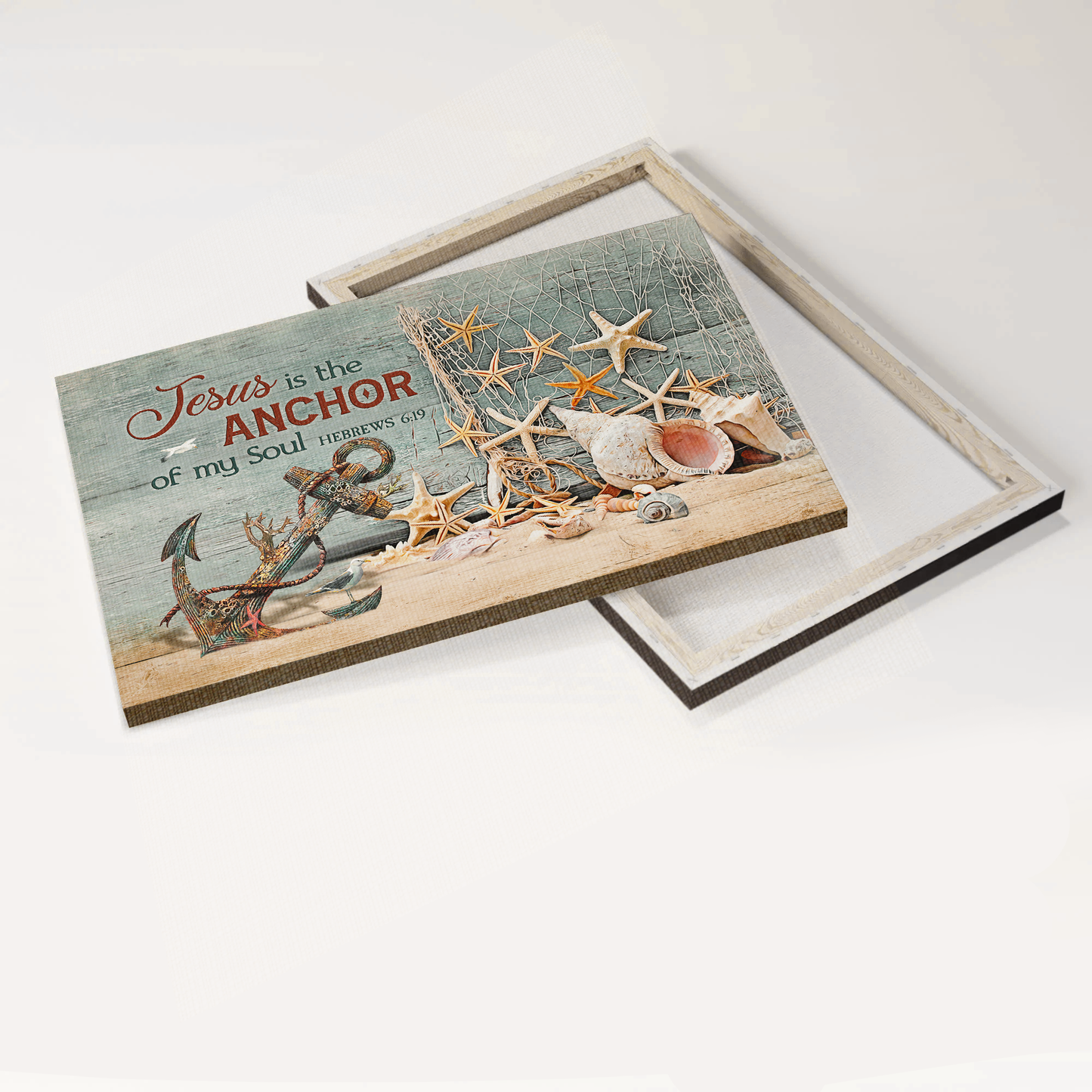 Jesus Landscape Canvas- Boat anchor, Sea stars, Seashells, Sand beach canvas- Gift for Christian- Jesus is the anchor of my soul - Landscape Canvas Prints, Christian Wall Art