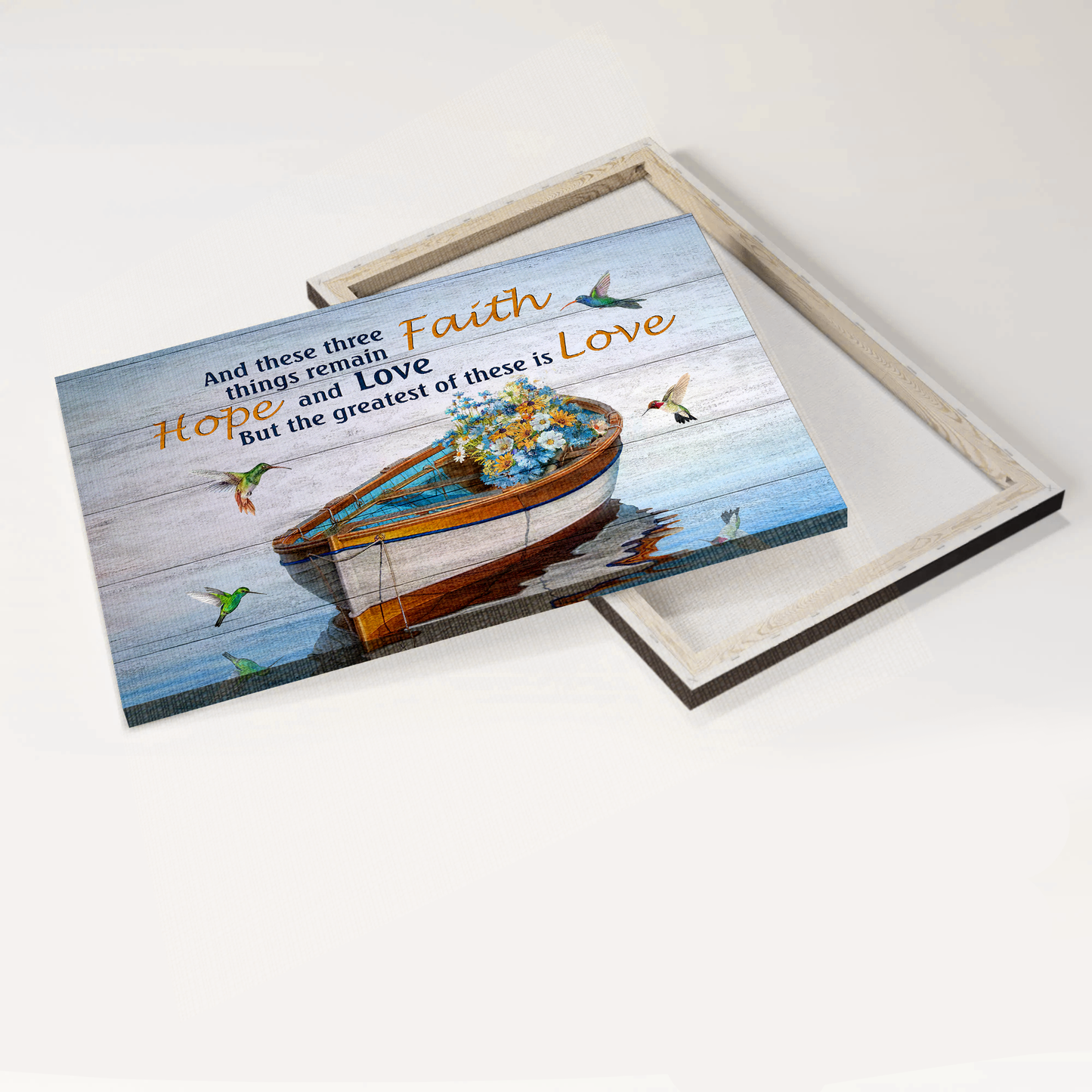 Jesus Landscape Canvas- Boat on river, Wild flowers, Hummingbird canvas- Gift for Christian- The greatest of these is Love - Landscape Canvas Prints, Christian Wall Art