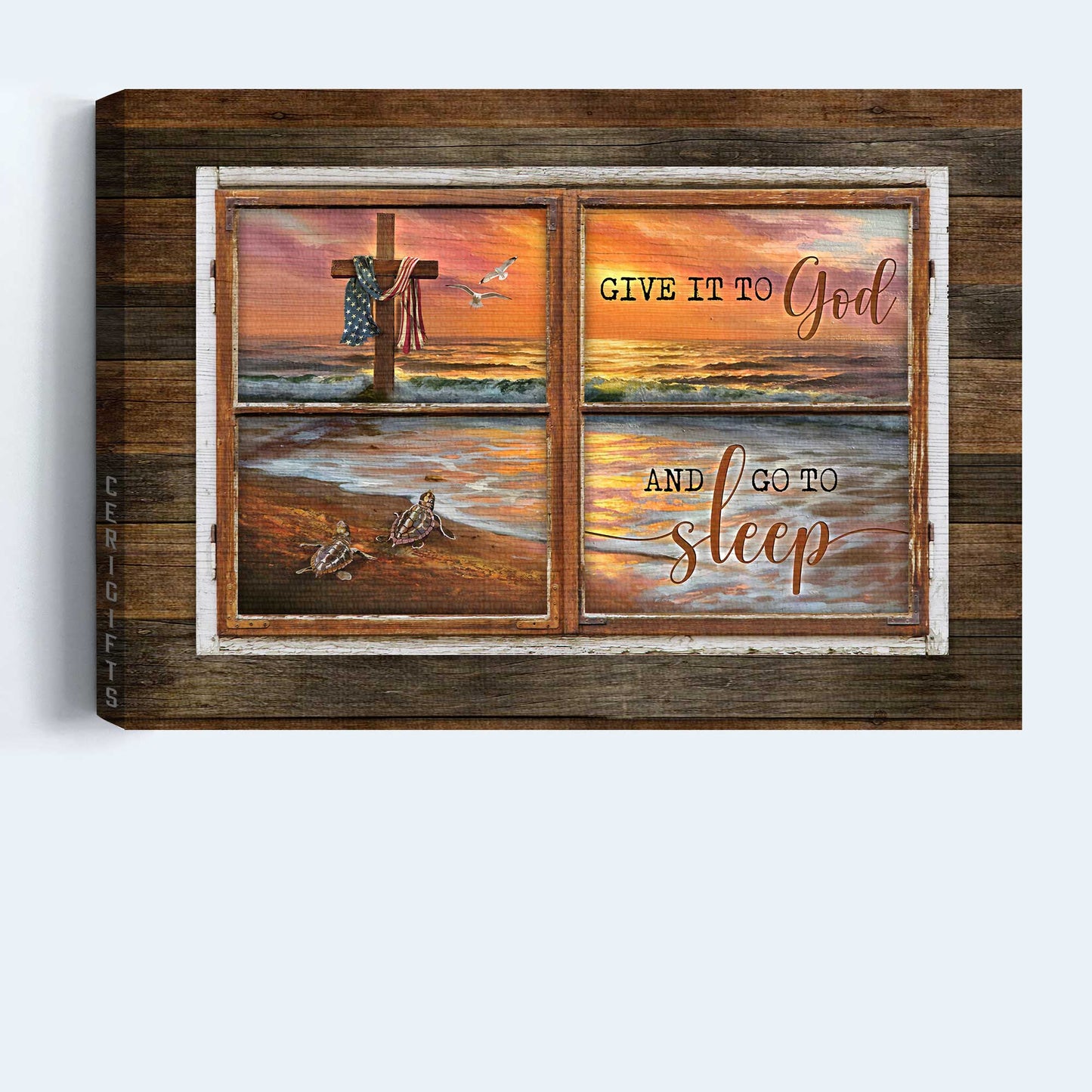 Jesus Landscape Canvas- Amazing beach painting, Pretty sunset, Sea turtle Landscape Canvas- Gift For Christian- Give it to God and go to sleep