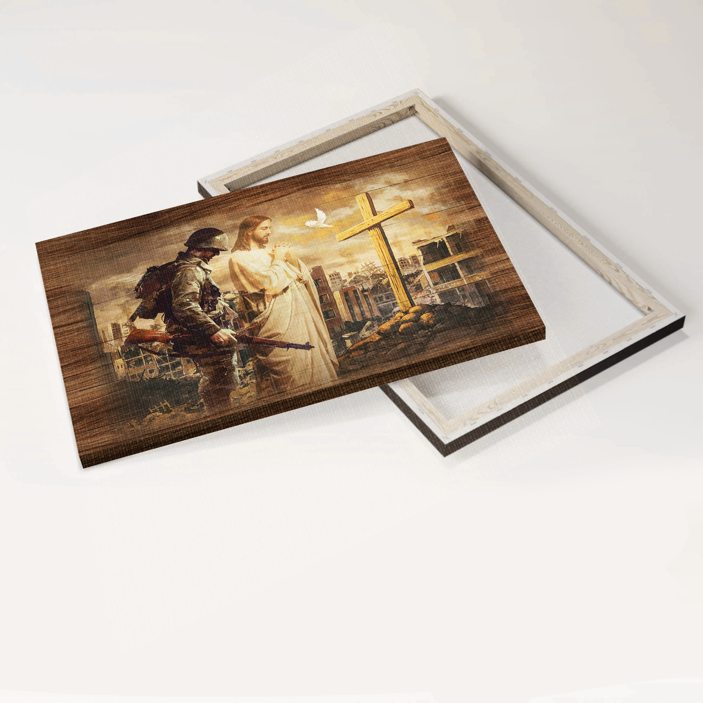 Jesus Landscape Canvas- Brave soldier, Jesus praying, City in war, Wooden cross canvas- Gift for Christian
