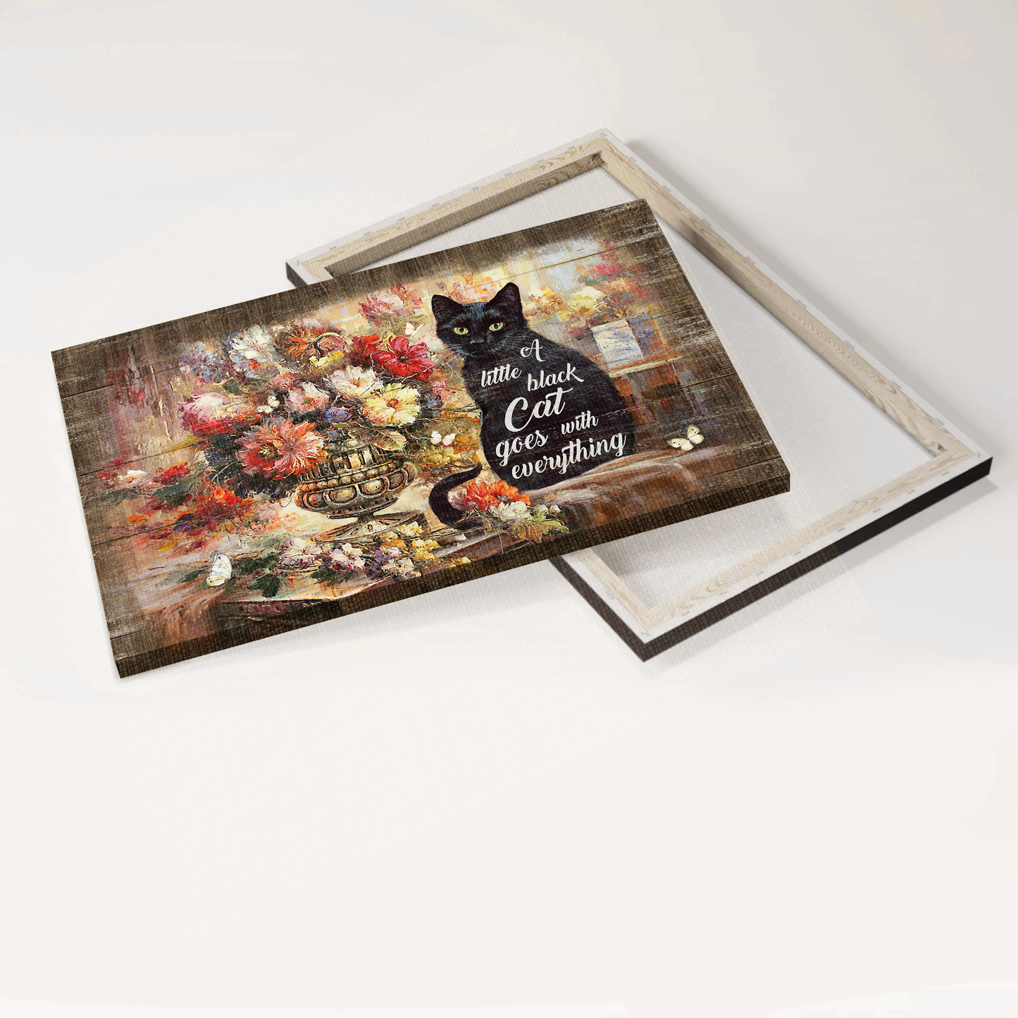 Jesus Landscape Canvas- Brilliant flower garden, Black cat canvas- Gift for Christian, Cat lover- A little black cat goes with everything