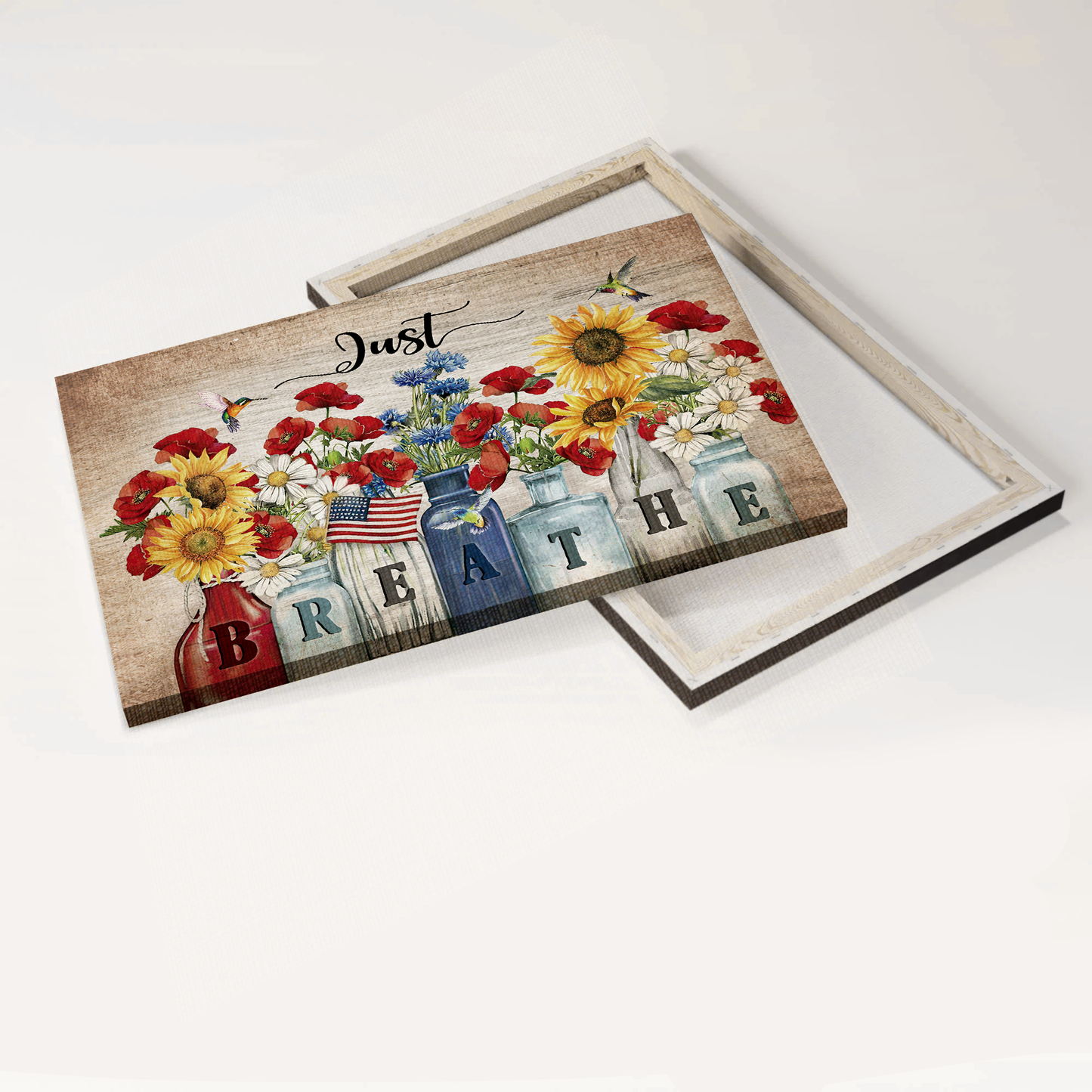 Jesus Landscape Canvas- Brilliant flower garden, US flag, Hummingbird canvas- Gift for Christian- Just breathe