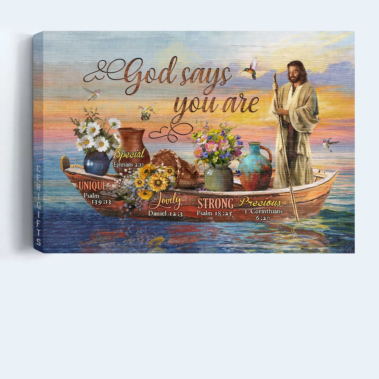 Jesus Landscape Canvas- Amazing boat, Gorgeous flower pot, Awesome hummingbird Landscape Canvas- Gift For Christian- God says you are
