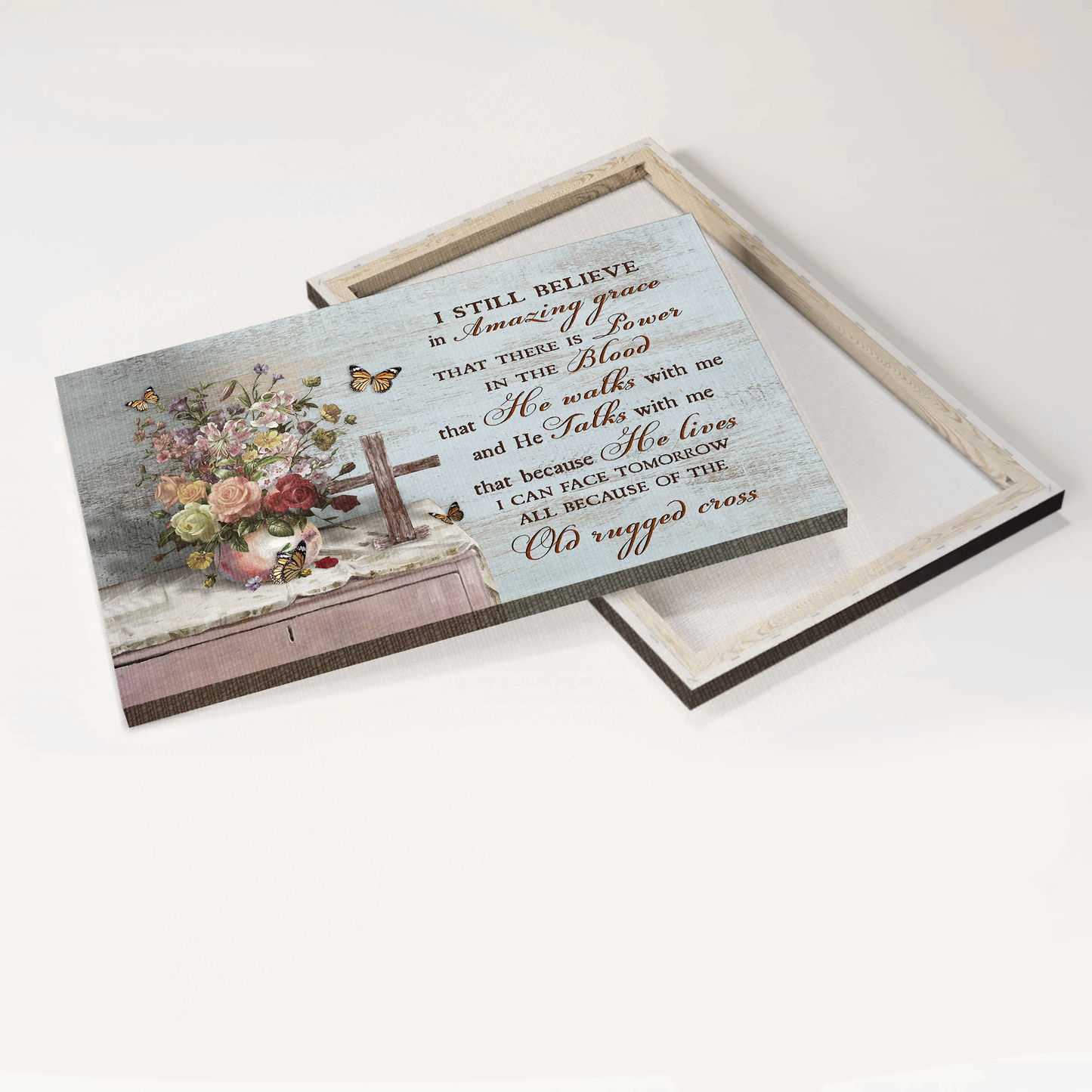 Jesus Landscape Canvas- Brilliant flower vase, Orange butterfly, Cross symbol canvas- Gift for Christian- I still believe in amazing grace