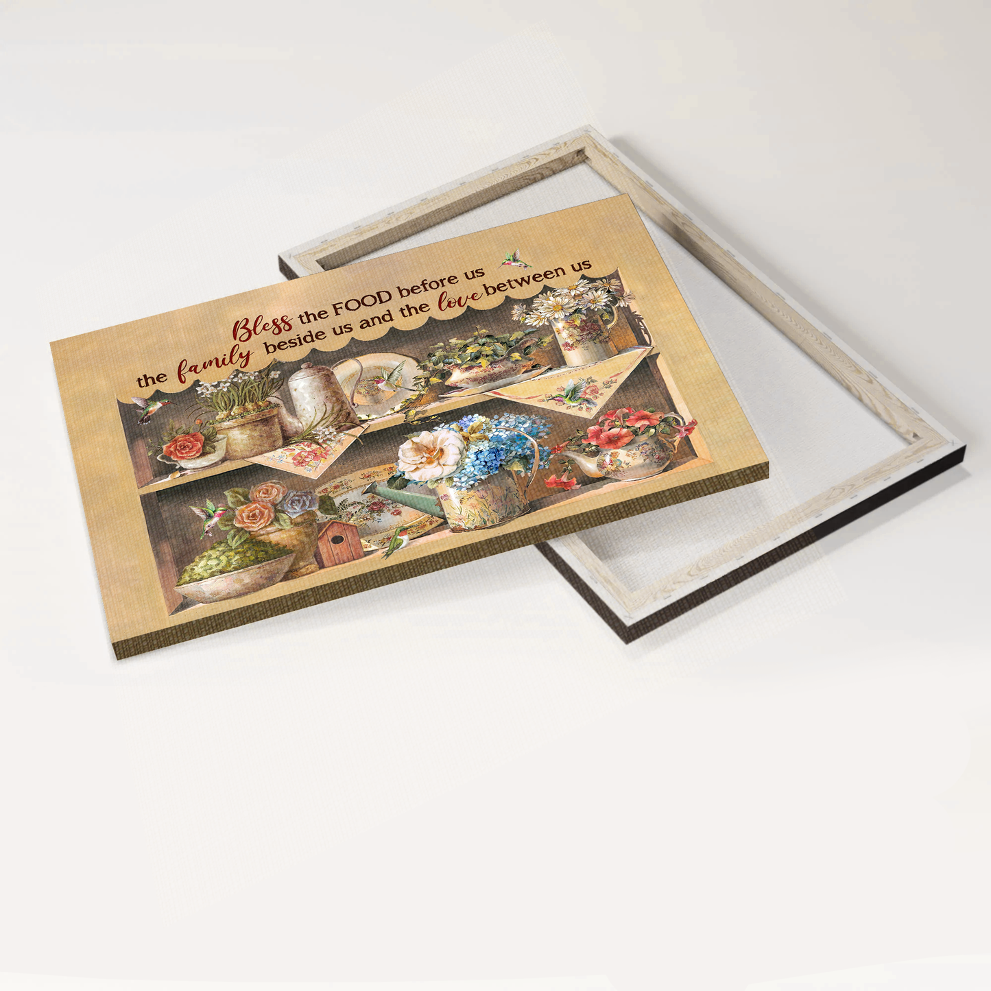 Jesus Landscape Canvas- Brilliant garden, Colorful flower, Cute hummingbird canvas- Gift for Christian- Bless the food before us