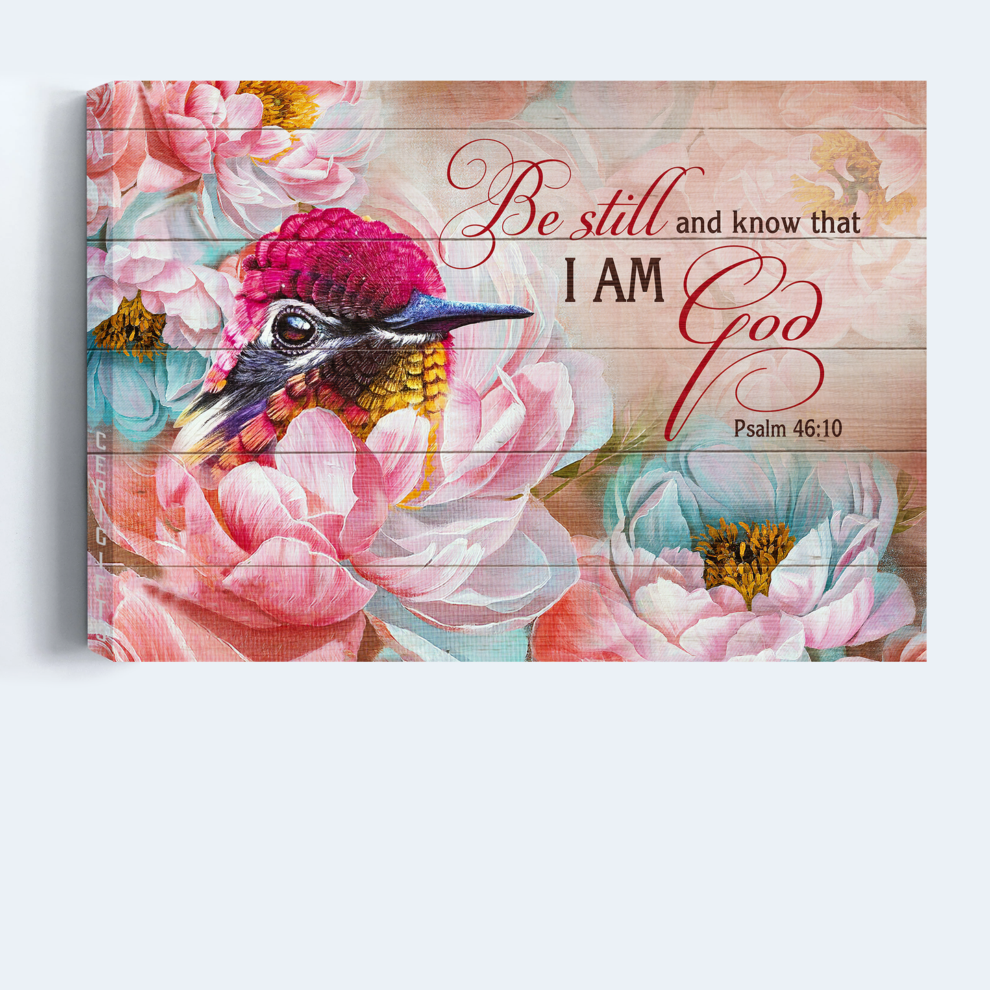 Jesus Landscape Canvas- Brilliant hummingbird, Pink camellia flower canvas- Gift for Christian- Be still and know that I am God - Landscape Canvas Prints, Christian Wall Art