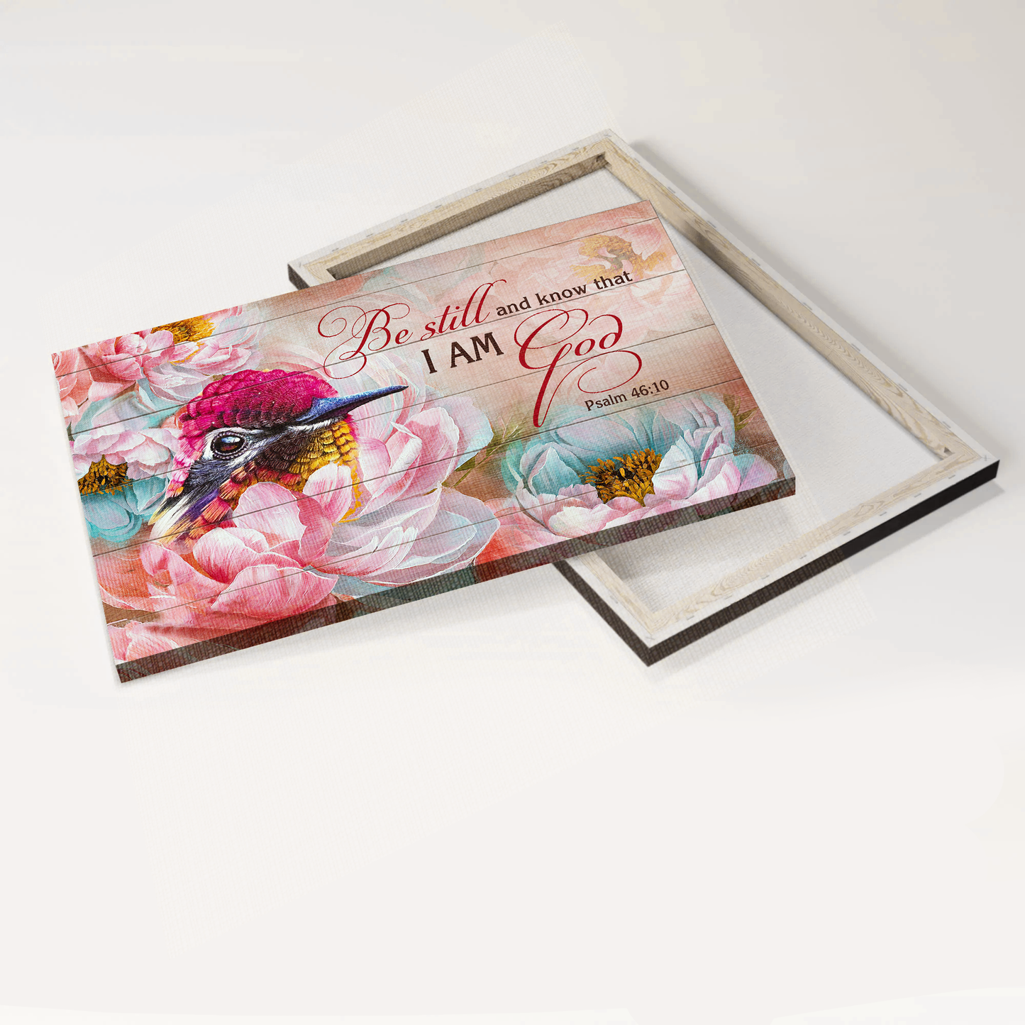 Jesus Landscape Canvas- Brilliant hummingbird, Pink camellia flower canvas- Gift for Christian- Be still and know that I am God - Landscape Canvas Prints, Christian Wall Art