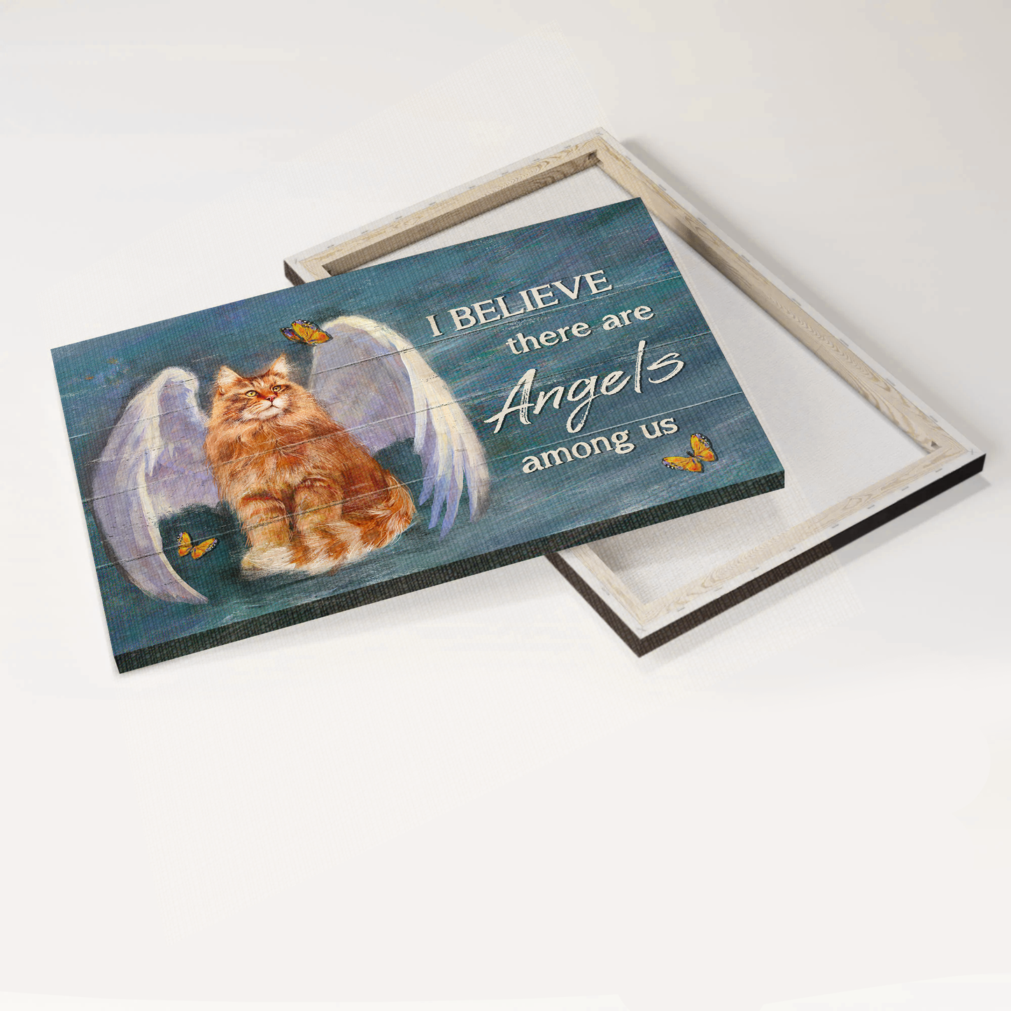 Jesus Landscape Canvas- Brown cat canvas, Angel wings, Butterfly canvas- Gift for Christian, Cat lover- I believe there are angels among us