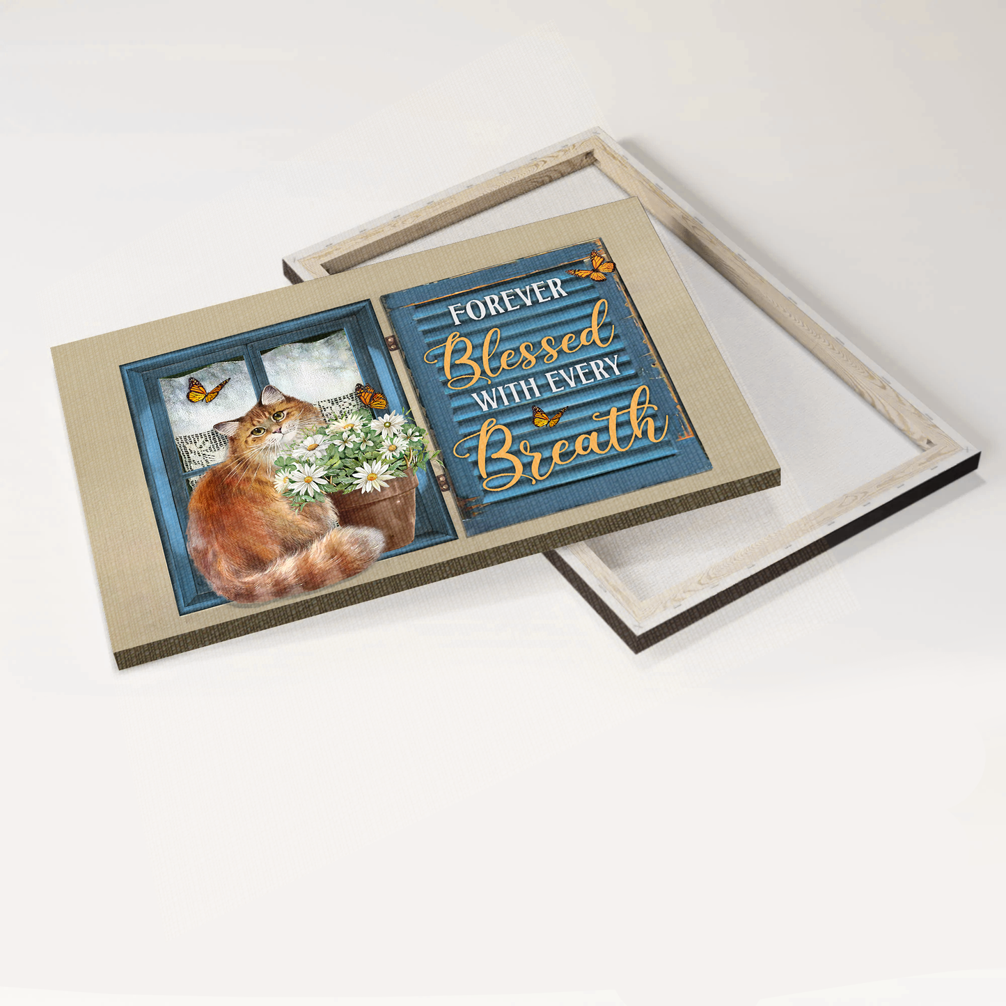 Jesus Landscape Canvas- Brown cat canvas, Daisy vase, Blue window canvas- Gift for Christian, Cat lover- Forever blessed with every breath