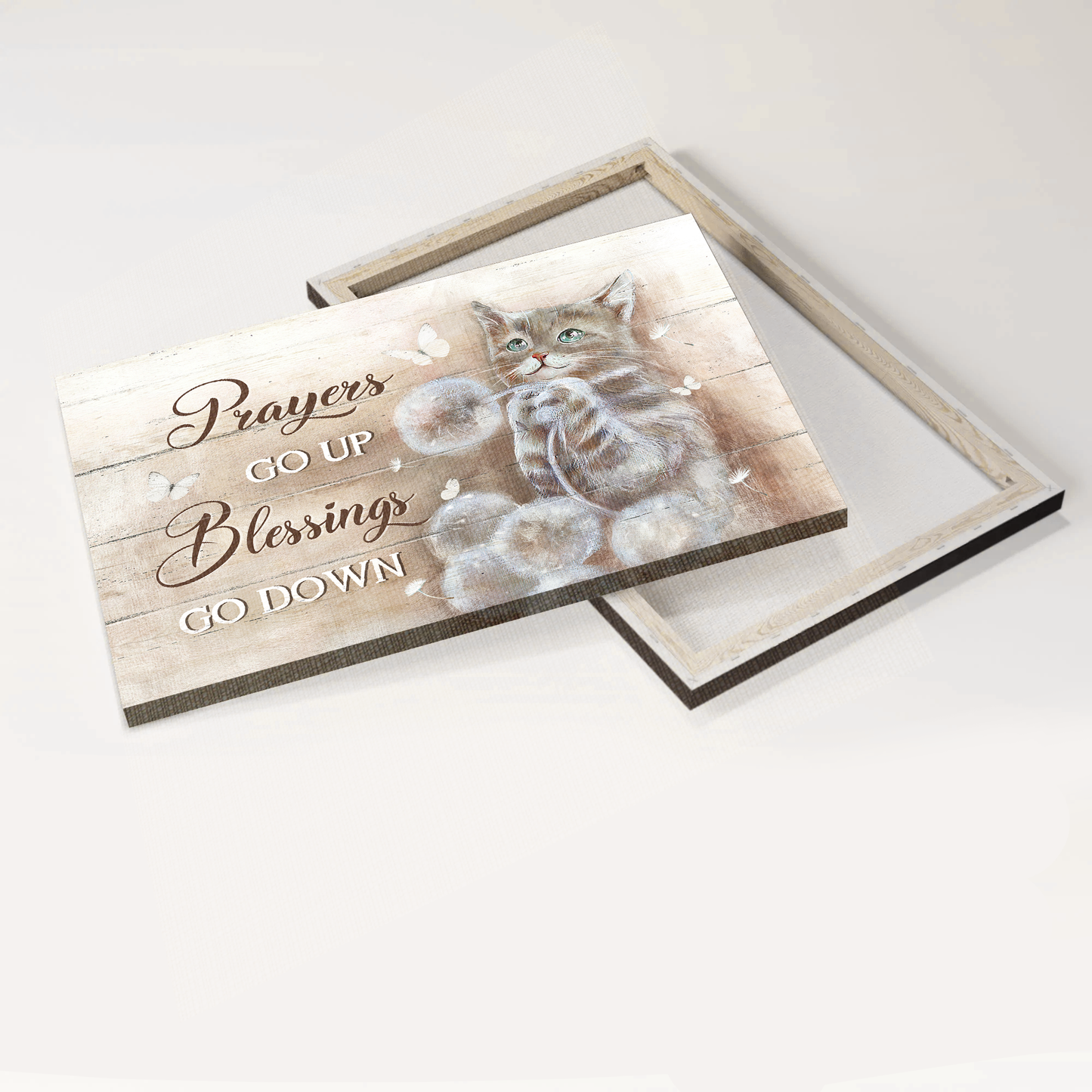 Jesus Landscape Canvas- Brown cat drawing canvas, Dandelion field canvas- Gift for Christian, Cat lover- Prayers go up, Blessings go down