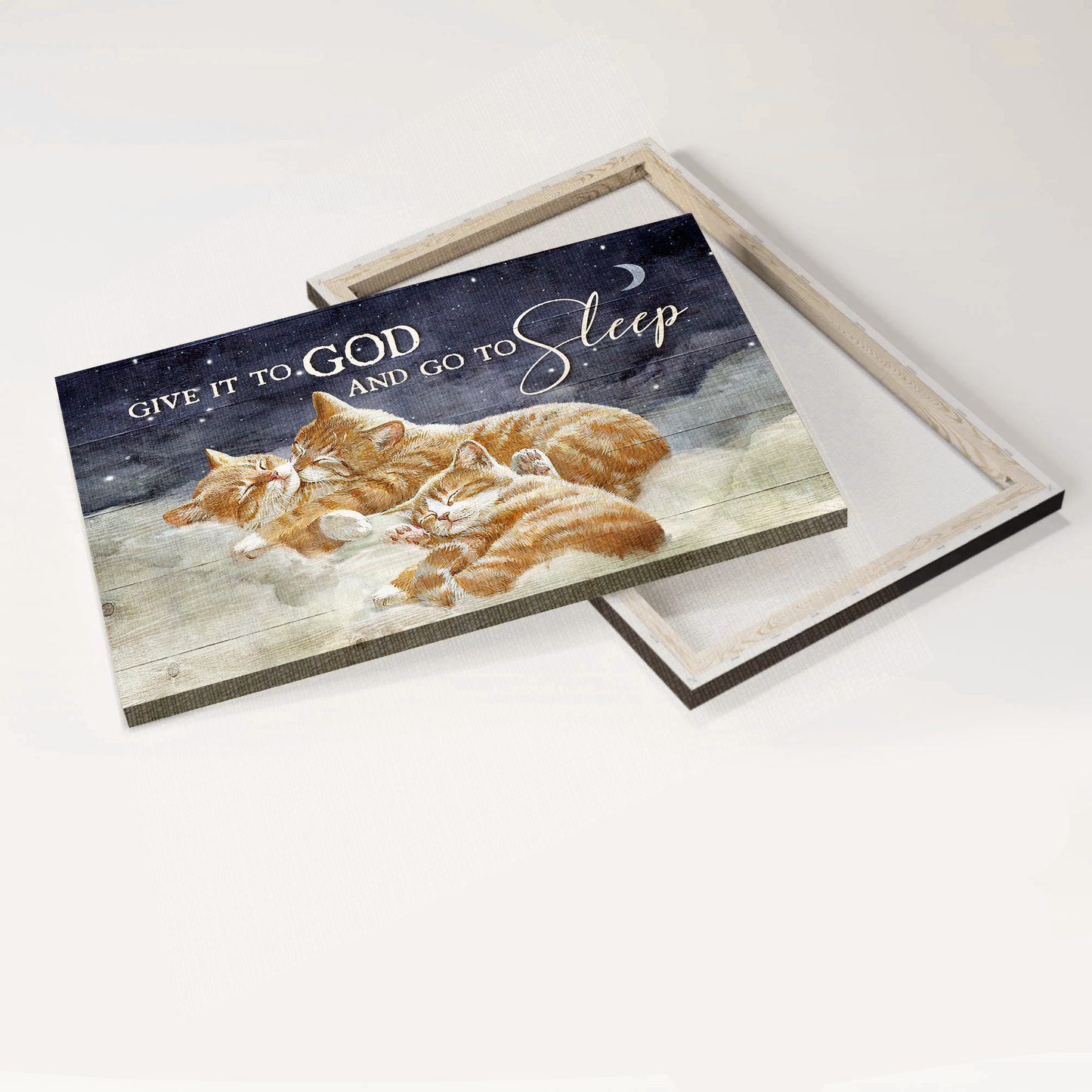 Jesus Landscape Canvas- Brown cat family canvas, Warm cloud, Midnight canvas- Gift for Christian, Cat lover- Give it to God and go to sleep