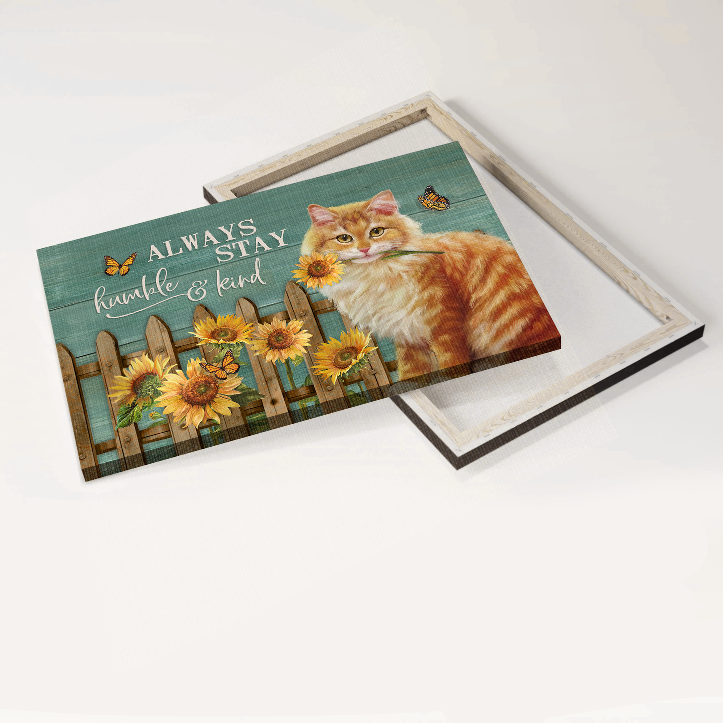 Jesus Landscape Canvas- Brown cat painting canvas, Sunflower garden, Wooden fence canvas- Gift for Christian, Cat lover- Always stay humble