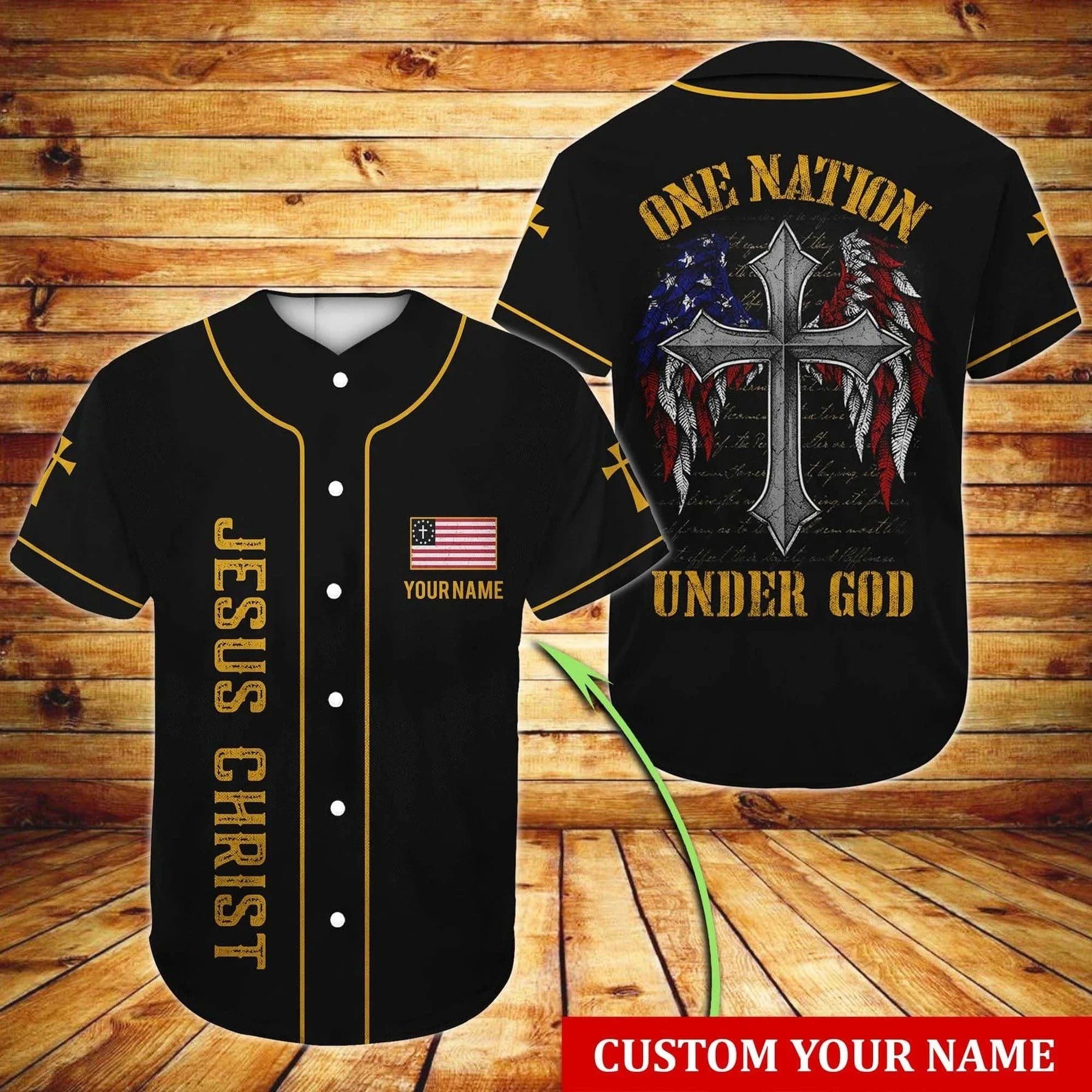 Personalized Jesus Baseball Jersey -  Wings, American Flag, Cross Baseball Jersey - Gift For Christians - One Nation Under God Custom Baseball Jersey