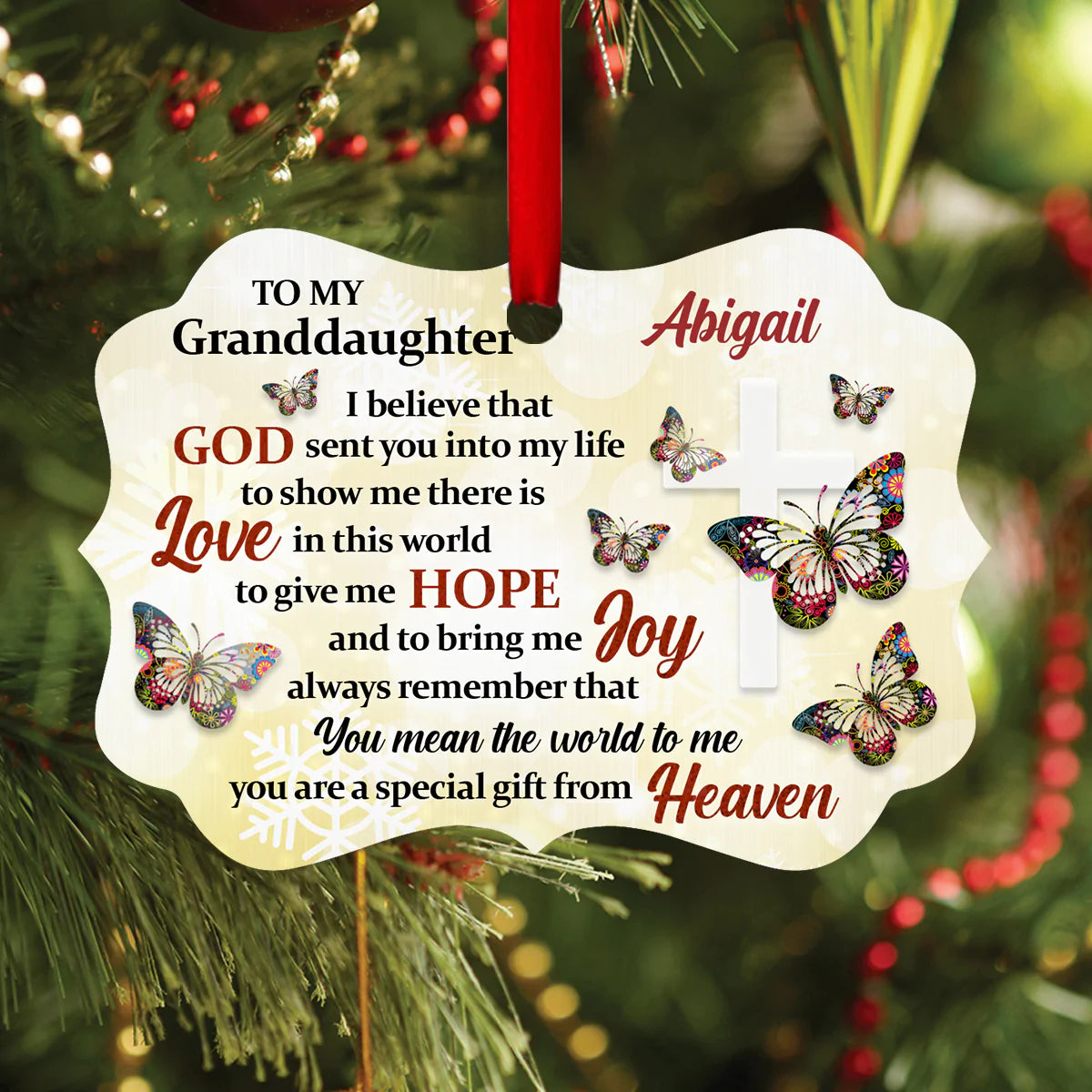 Personalized Gift For Granddaughter Aluminum Ornament, God, Butterfly, Cross Aluminium Ornament - Custom Gift For Christian, Granddaughter, Family