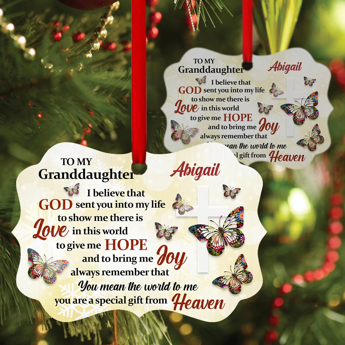 Personalized Gift For Granddaughter Aluminum Ornament, God, Butterfly, Cross Aluminium Ornament - Custom Gift For Christian, Granddaughter, Family