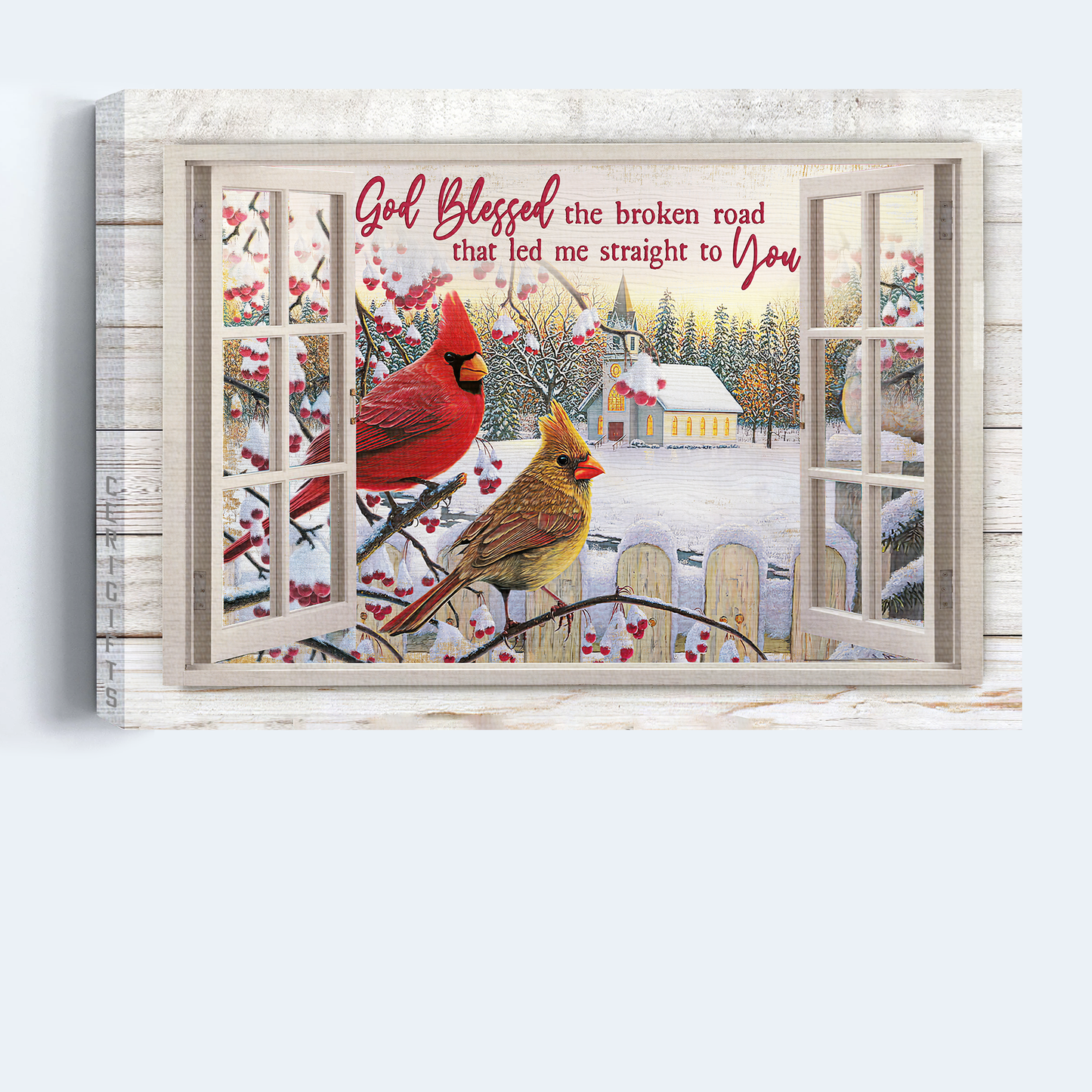 Jesus Landscape Canvas- Cardinal, Outside The Window, Snow day canvas- Gift for Christian-God Blessed The Broken Road