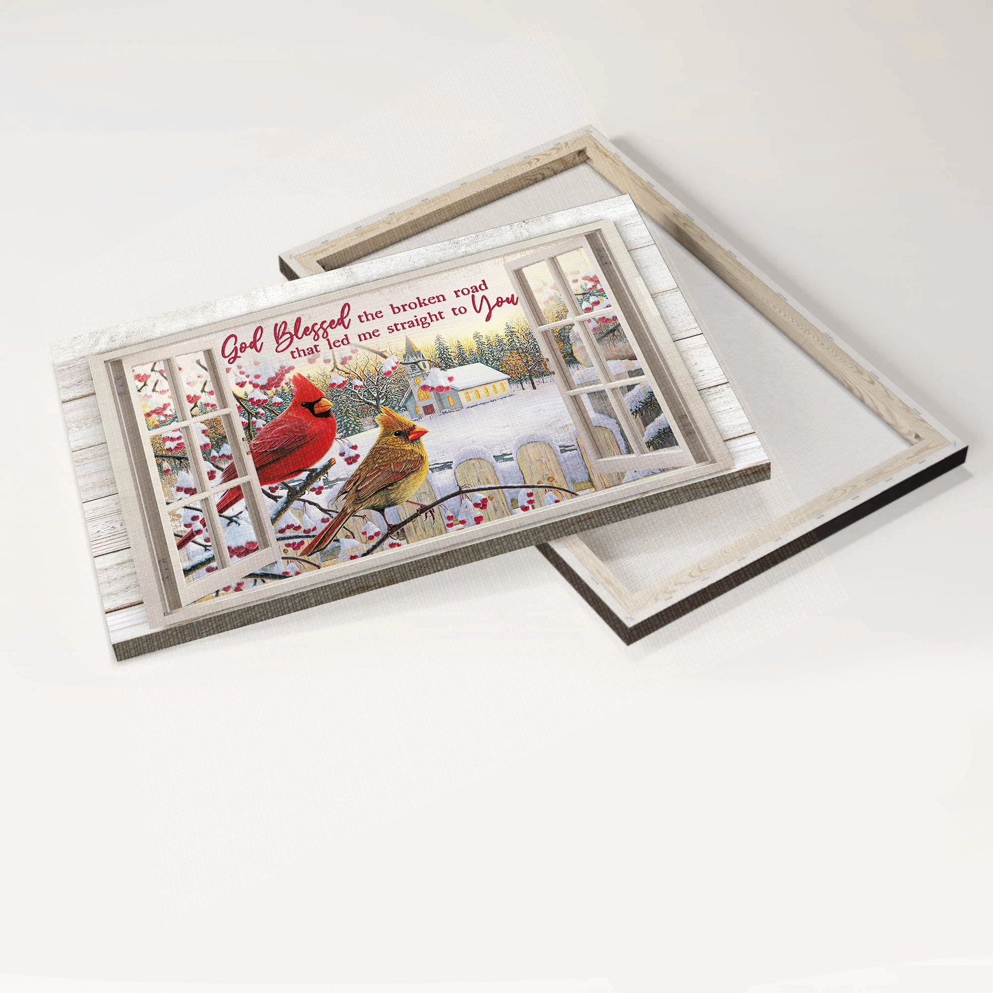 Jesus Landscape Canvas- Cardinal, Outside The Window, Snow day canvas- Gift for Christian-God Blessed The Broken Road