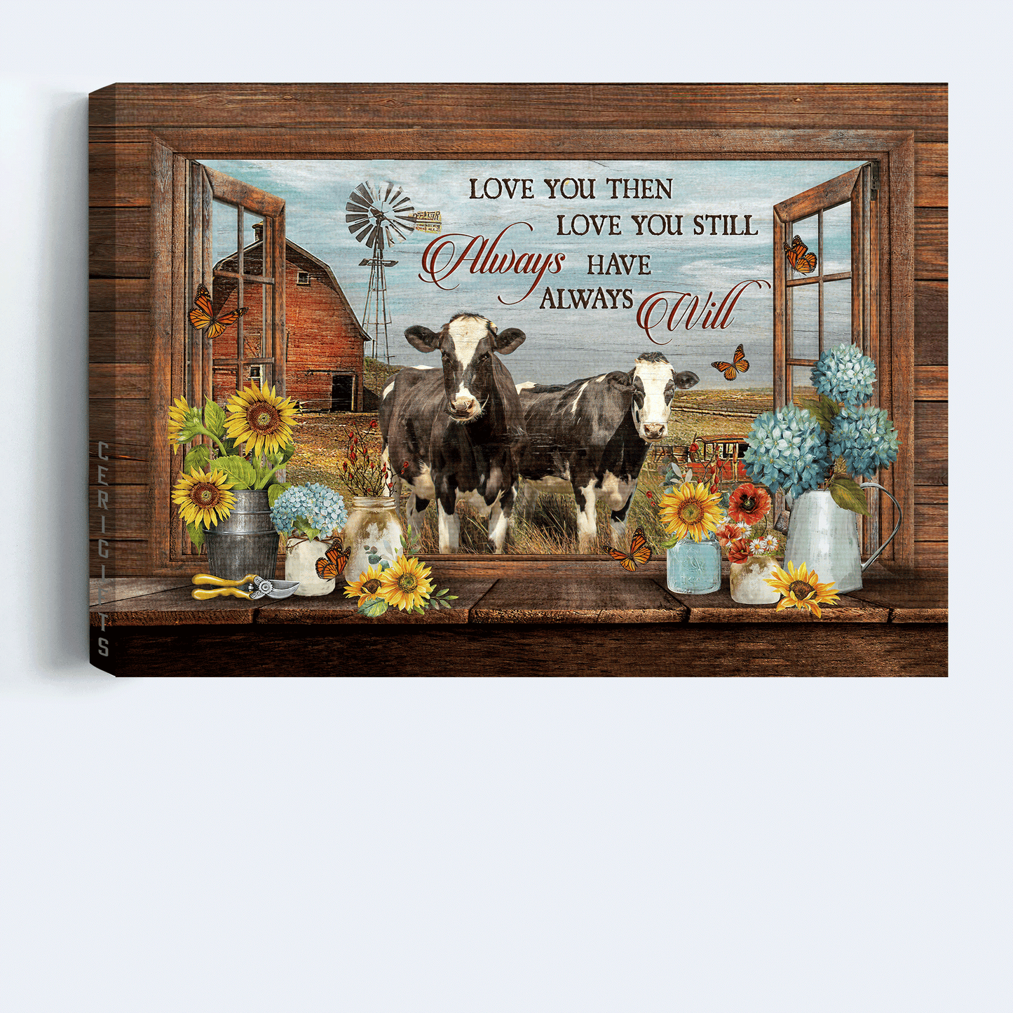 Family Landscape Canvas- Dairy cow, Peace farm, Flower vase canvas- Gift for members family- Love you then love you still
