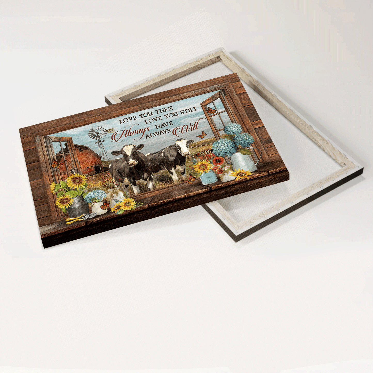 Family Landscape Canvas- Dairy cow, Peace farm, Flower vase canvas- Gift for members family- Love you then love you still