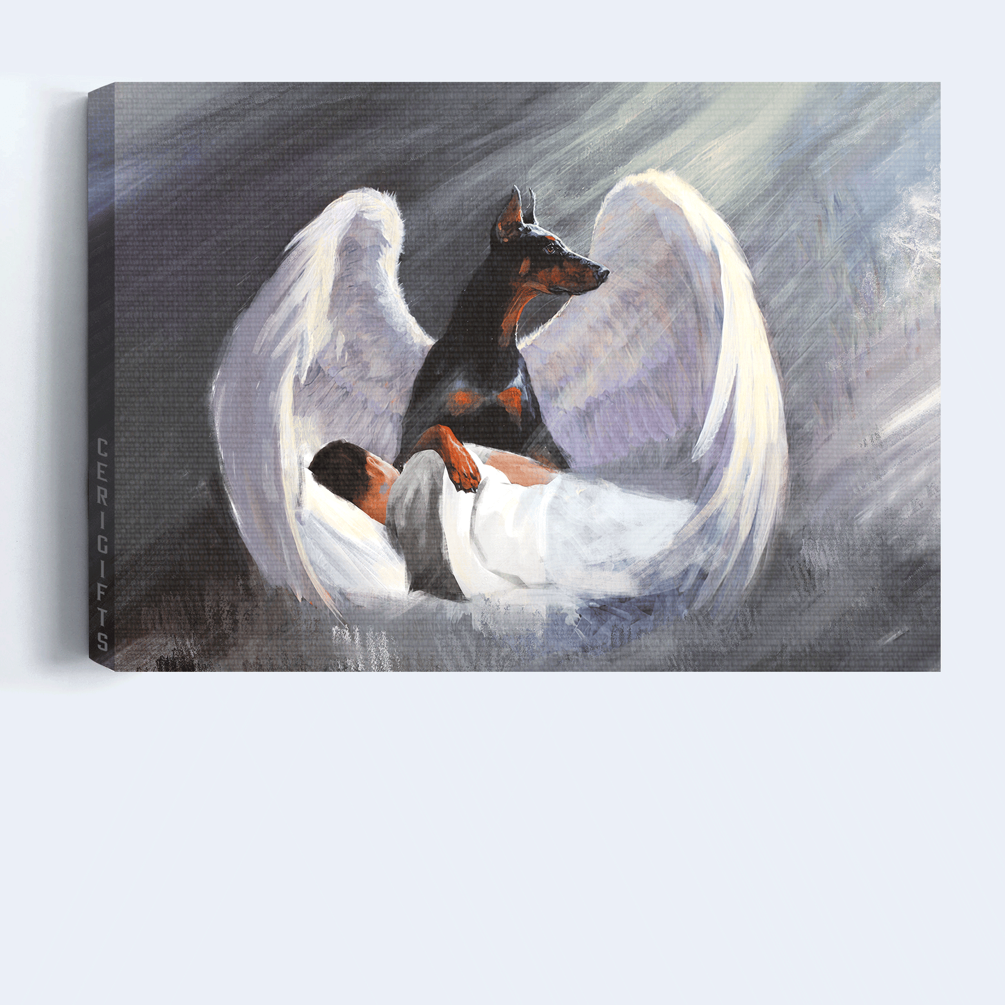 Doberman Landscape Canvas- Sleeping man, Doberman, Beautiful Wings, I'll protect you- Gift for dog lover - Dog Landscape Canvas Prints, Wall Art