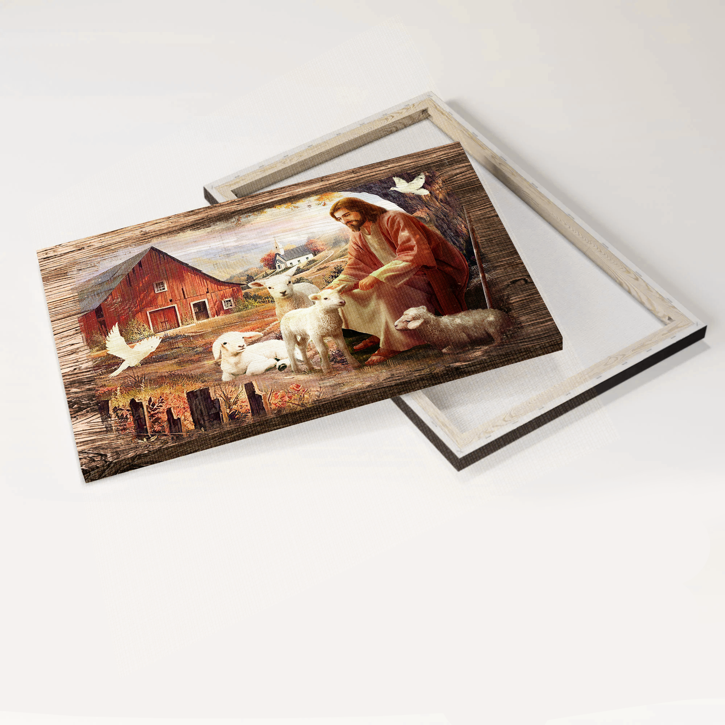 Jesus Landscape Canvas- Dove, Jesus Painting, Peaceful farm, Sitting with the lambs canvas- Gift for Christian