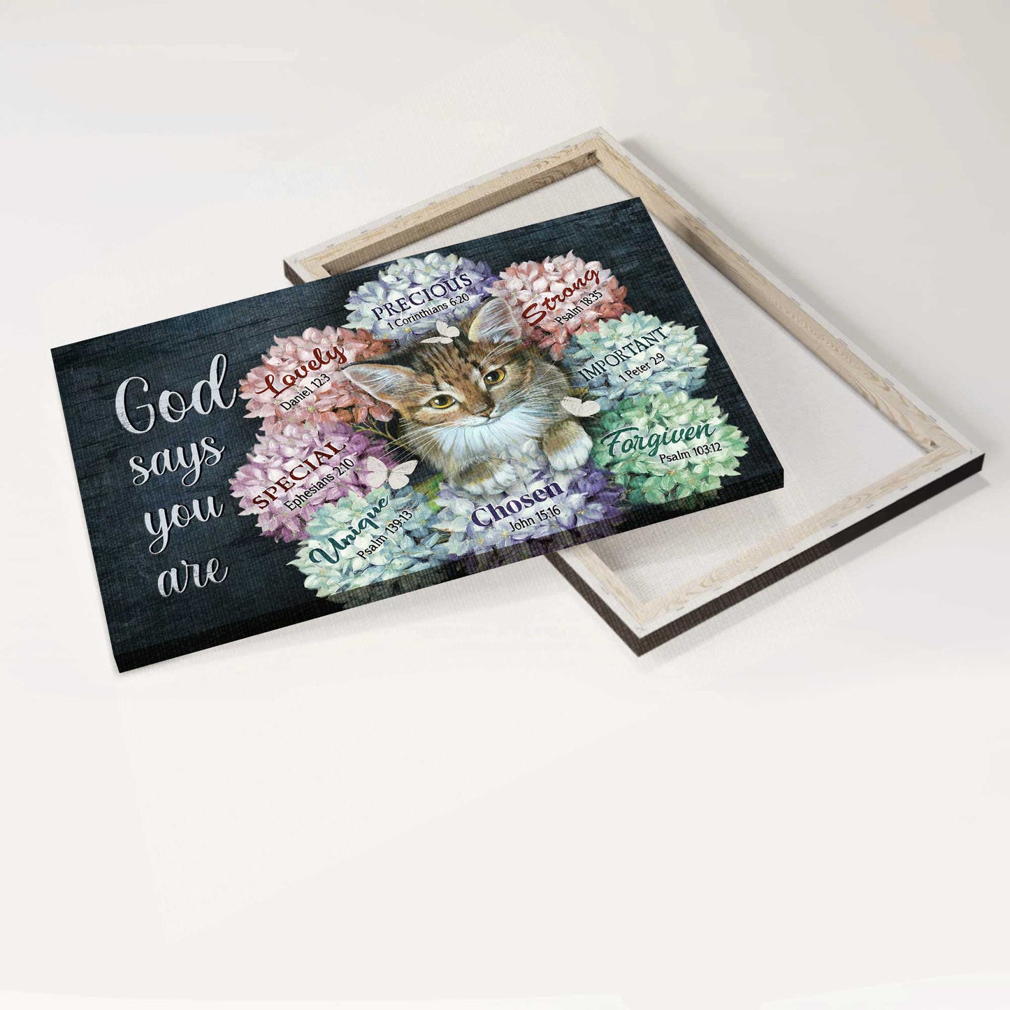 Jesus Landscape Canvas- Amazing Cat, Colorful Hydrangea, Butterfly Landscape Canvas- Gift For Christian- God Says You Are