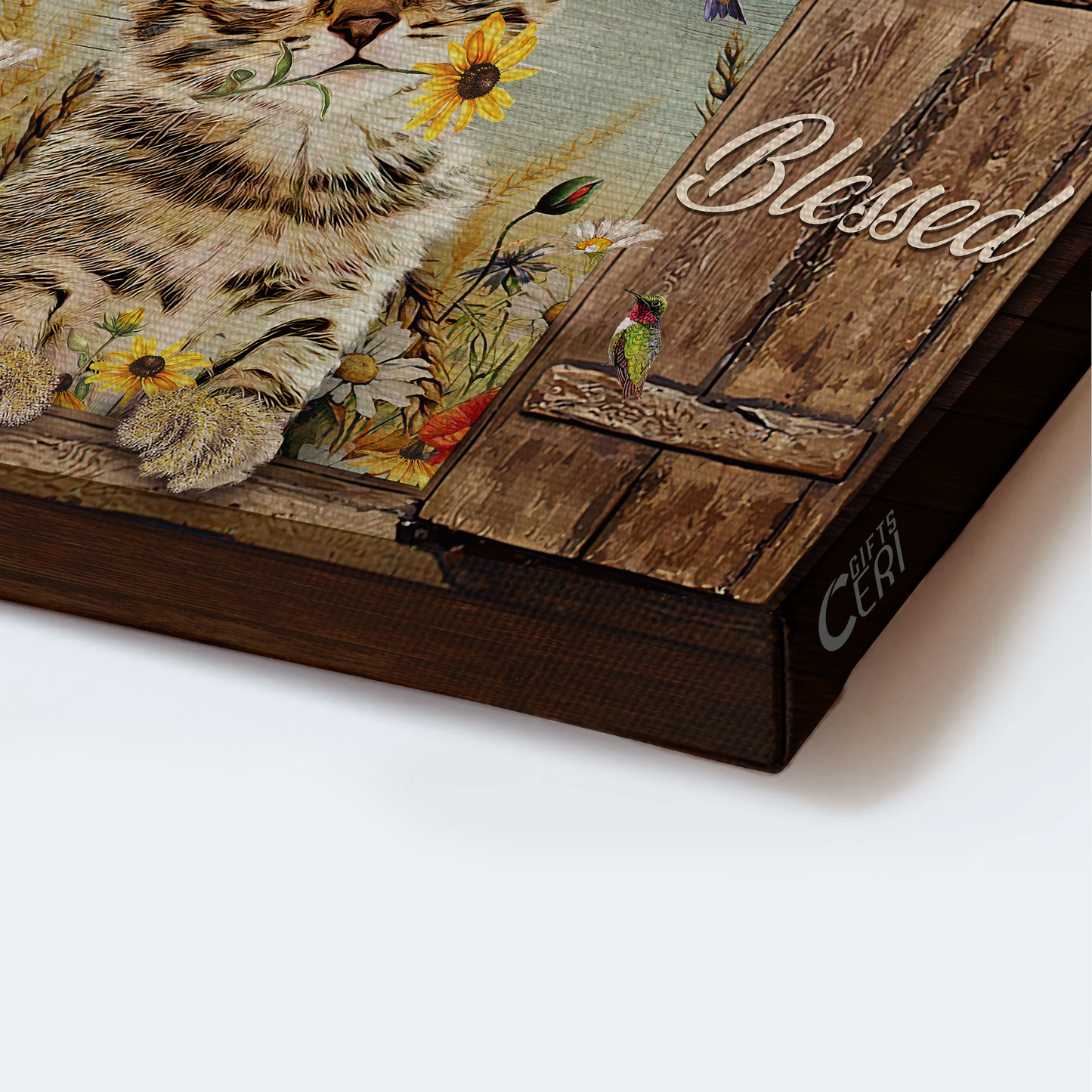 Jesus Landscape Canvas- Dream cat, Yellow daisy, Colorful hummingbird canvas, Simply blessed canvas- Gift for Christian
