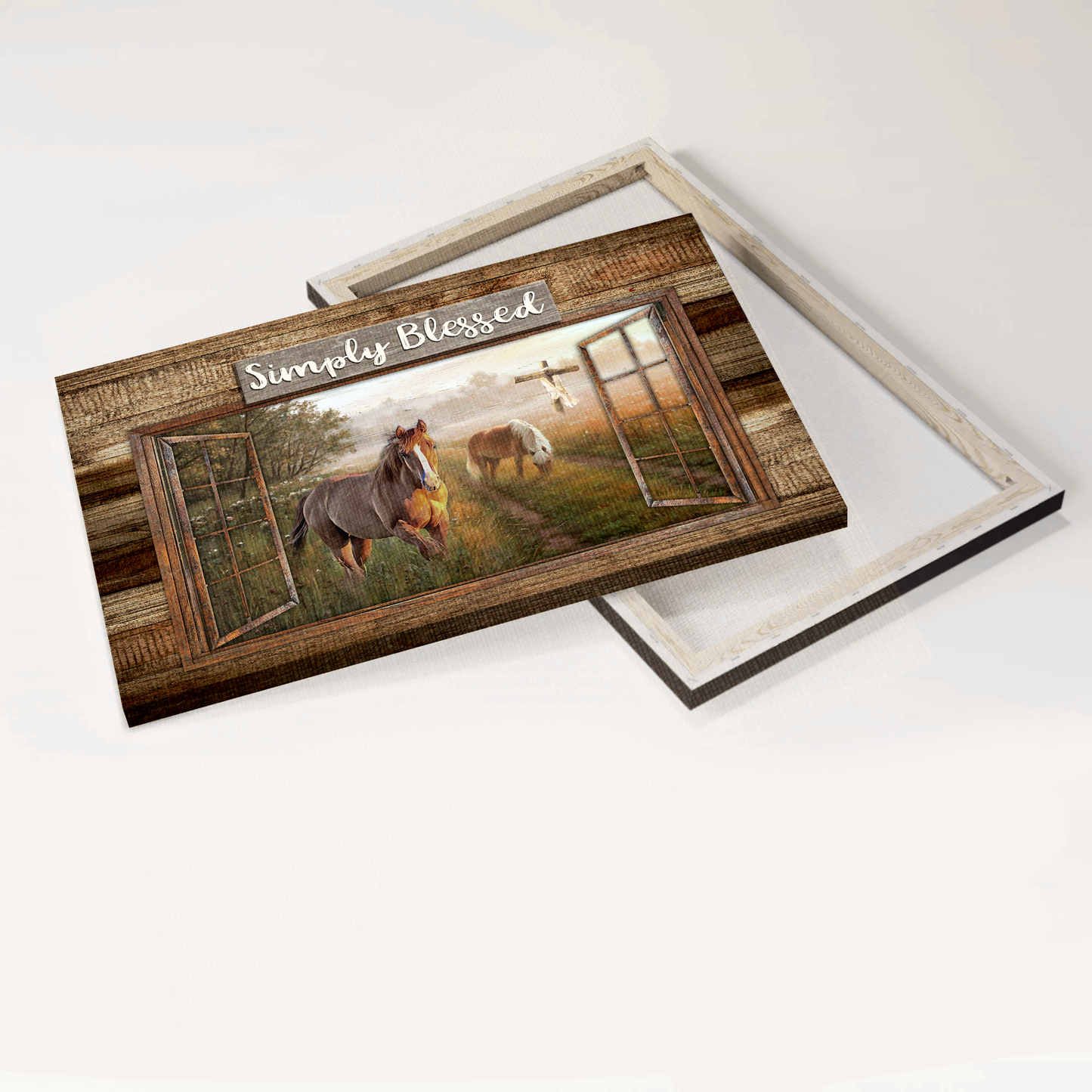 Jesus Landscape Canvas- Dream horses, Green meadow land, Countryside painting canvas, Simply blessed canvas- Gift for Christian