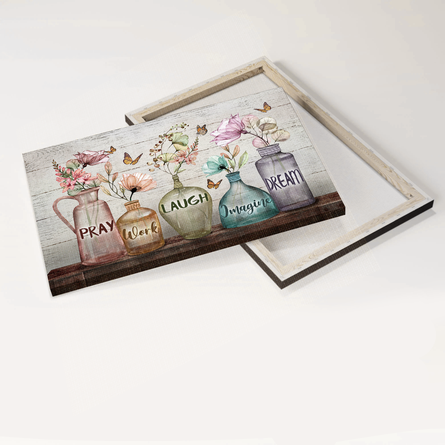 Jesus Landscape Canvas- Elegant flower, Glass bottle, Monarch butterfly canvas- Gift for Christian- Pray, Work, Laugh, Imagine, Dream