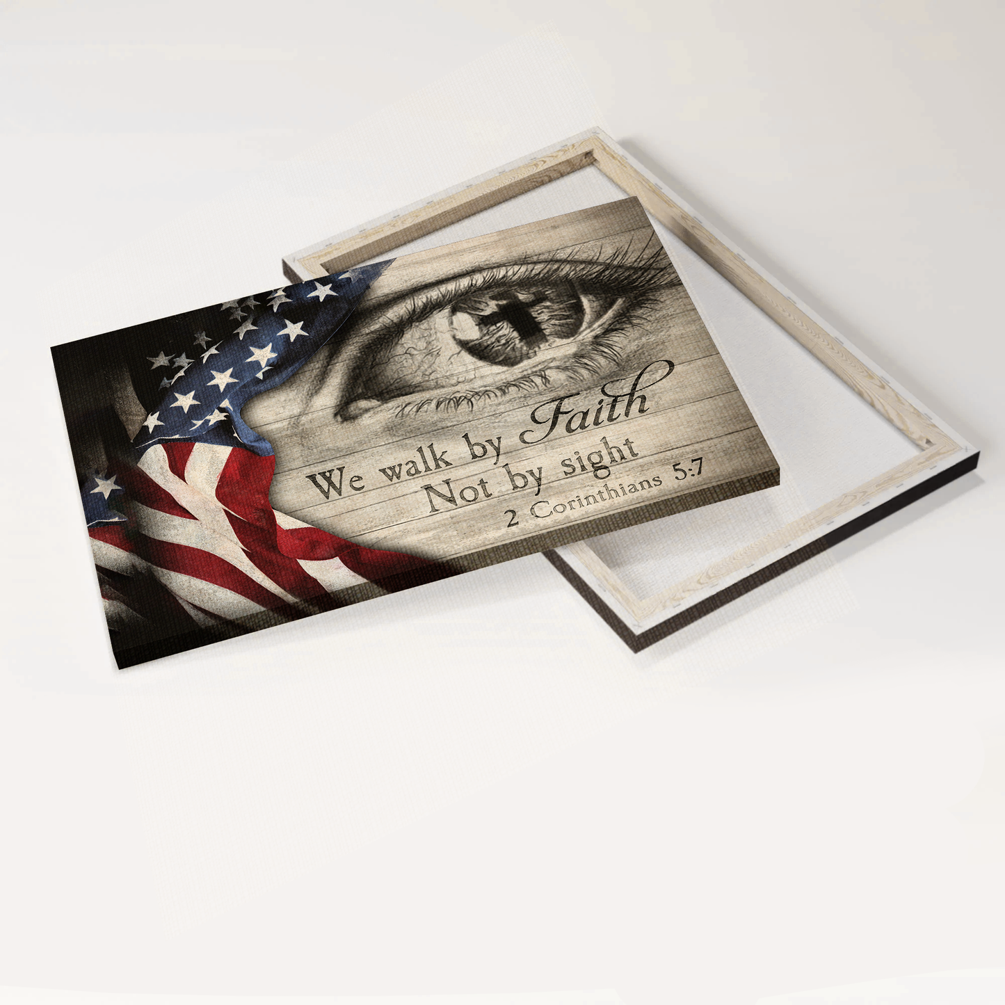 Jesus Landscape Canvas- Eye, Cross, US Flag canvas- Gift for Christian- We walk by faith not by sight