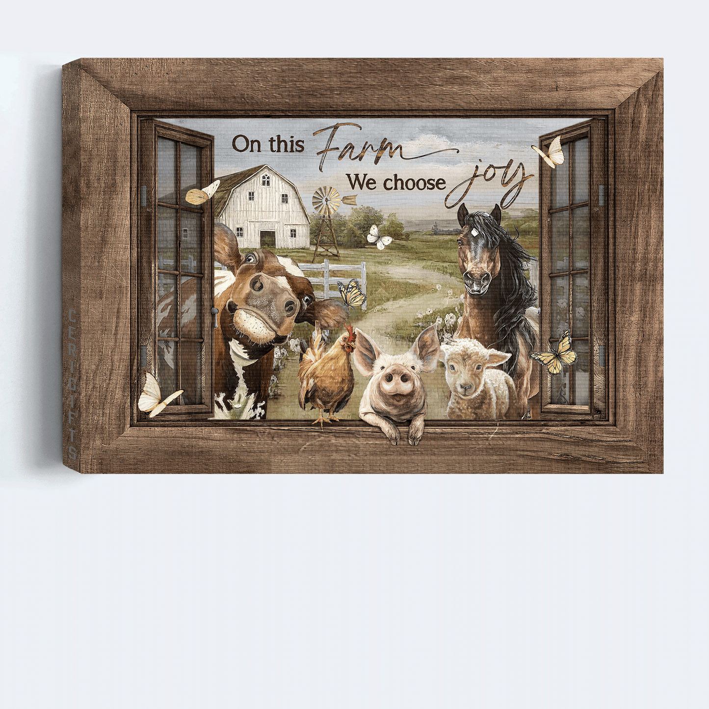 Family Landscape Canvas- Farm animal, Farm life, Happy farm, White butterfly canvas- Gift for members family- On this farm we choose joy
