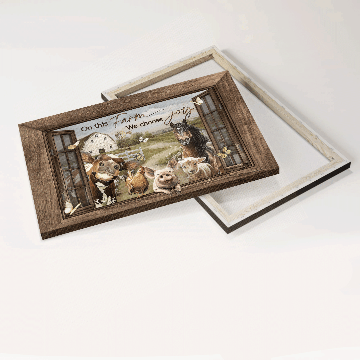 Family Landscape Canvas- Farm animal, Farm life, Happy farm, White butterfly canvas- Gift for members family- On this farm we choose joy