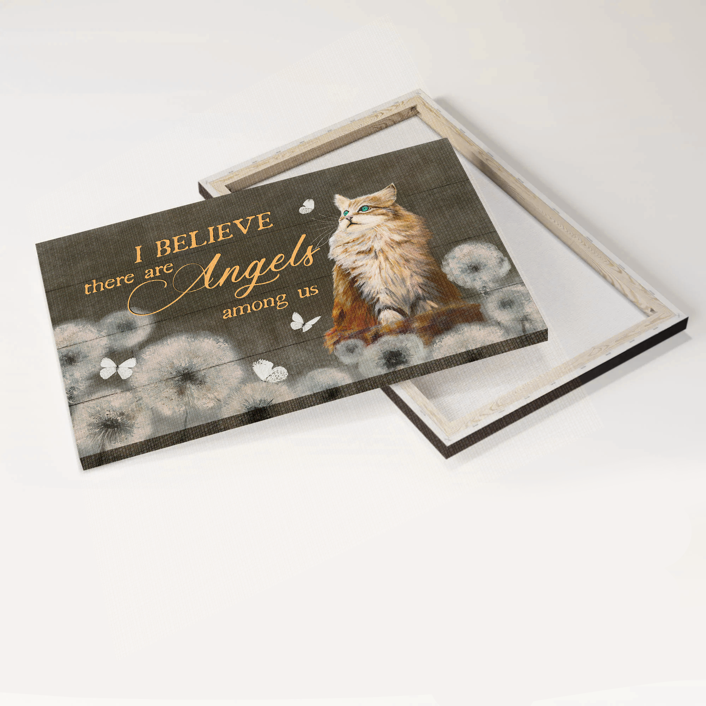 Jesus Landscape Canvas- Brown cat canvas, Dandelion drawing, Butterfly canvas- Gift for Christian, Cat lover- I believe there are angels among us