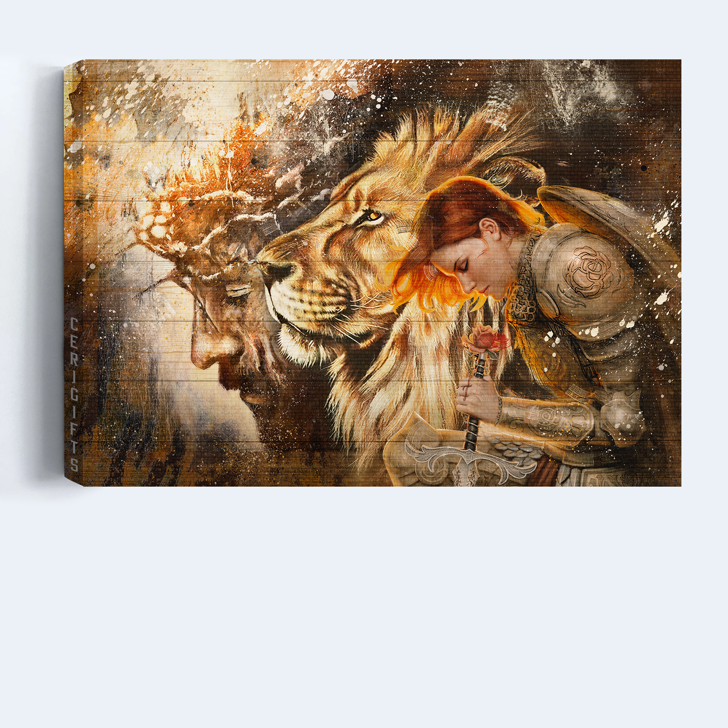 Jesus Landscape Canvas- Female knight, Praying to Jesus, Lion of Judah canvas- Gift for Christian- Landscape Canvas Prints, Wall Art