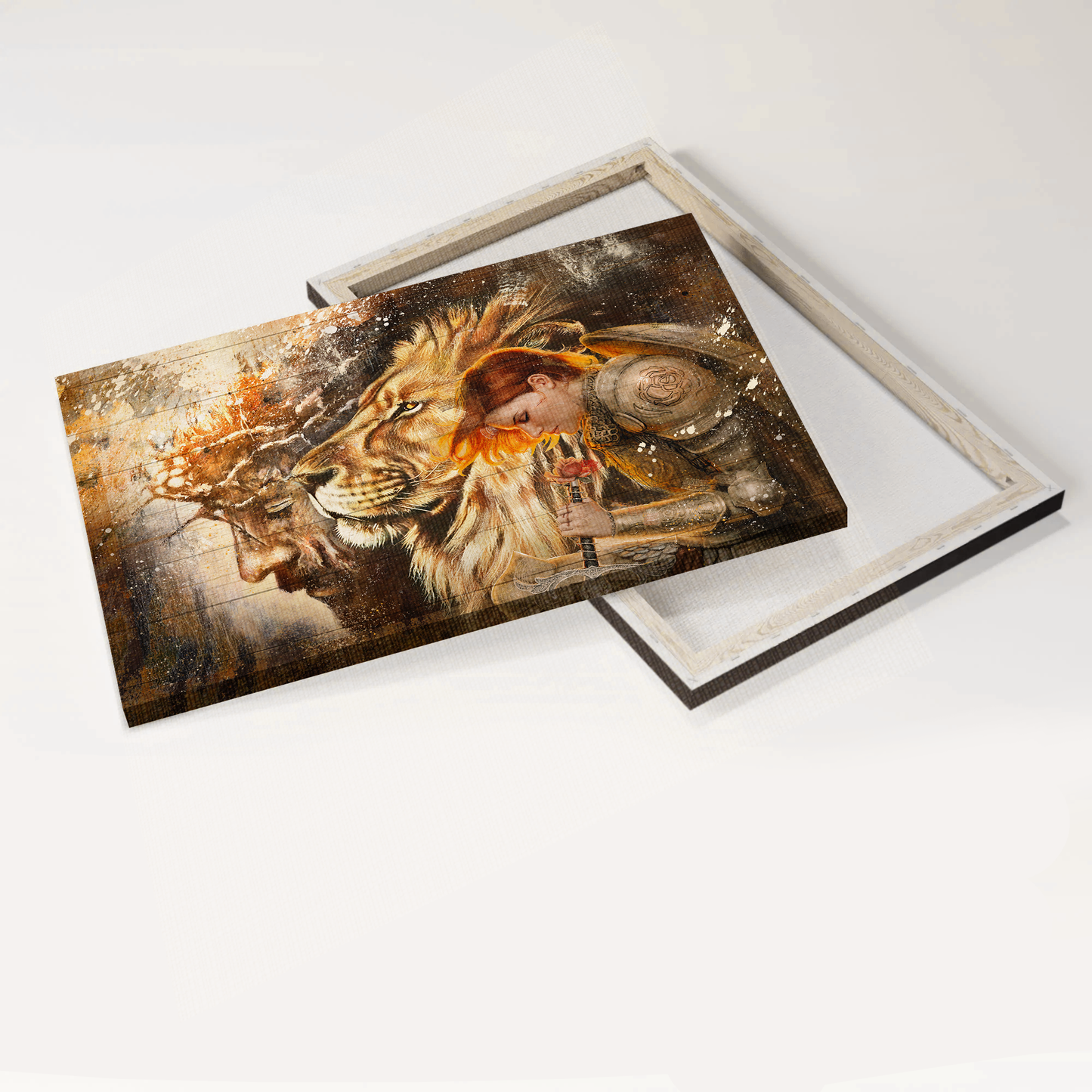 Jesus Landscape Canvas- Female knight, Praying to Jesus, Lion of Judah canvas- Gift for Christian- Landscape Canvas Prints, Wall Art