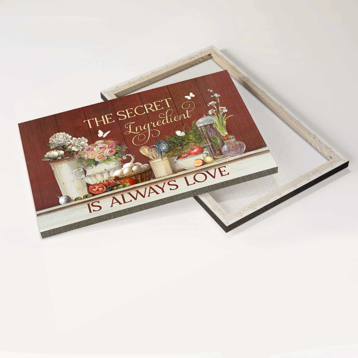 Kitchen Landscape Canvas- Flower drawing, Vintage kitchen, Cooking utensil canvas- Gift for kitchen lover- The secret ingredient is always love- Landscape Canvas Prints, Wall Art