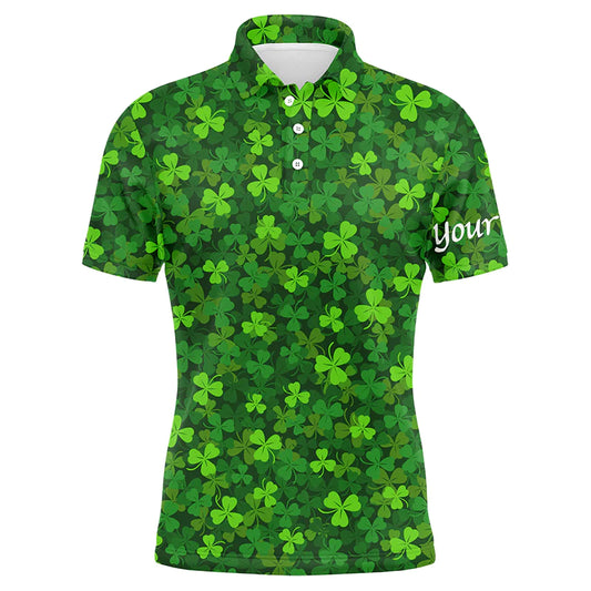 Golf Men Polo Shirts, Custom Name Green Clover St Patrick's Day Pattern Apparel - Personalized Sports Gifts For Men, Husband, Boyfriend, Golf Lovers