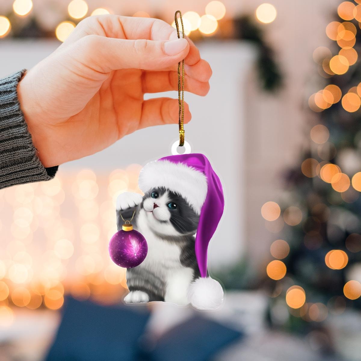 Bicolour British Shorthair Cat Santa Claus Purple Hat Christmas Custom Plastic Acrylic Ornaments Xmas Gifts for Family Friends