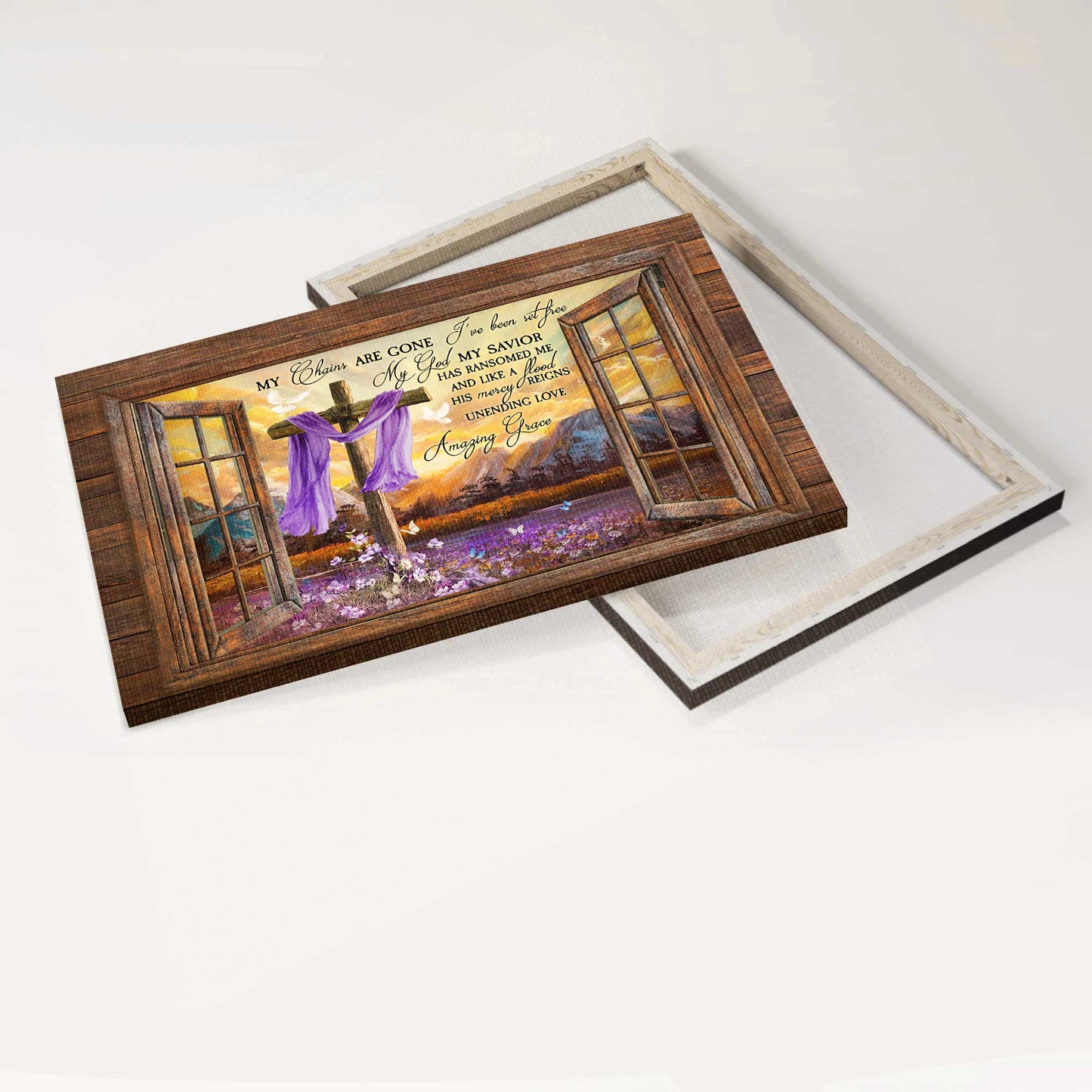 Jesus Landscape Canvas- Purple Flower Field, Meadow landscape, Wooden cross, Colorful butterfly canvas - Gift for Christian- Landscape Canvas Prints, Wall Art