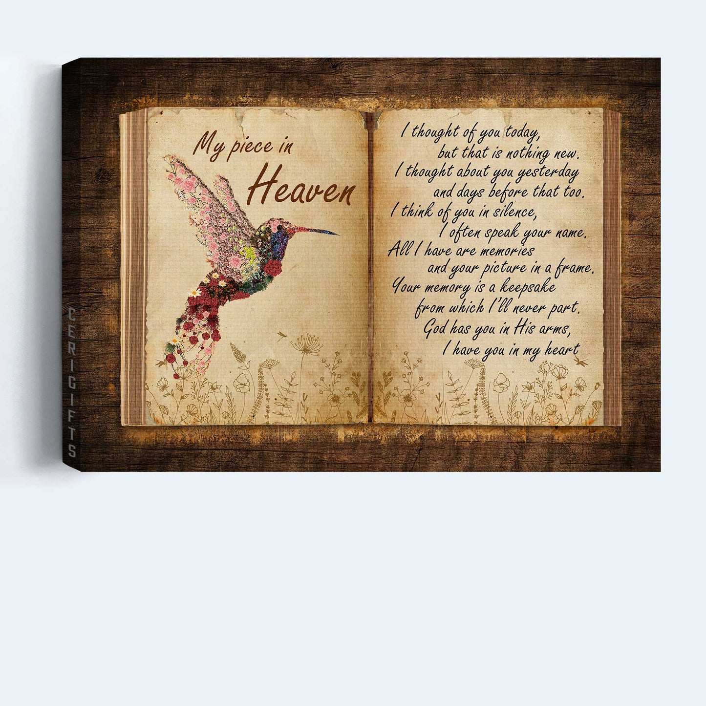 Memorial Landscape Canvas- Flower hummingbird, Antique book, Old letter canvas- Gift for members family- My piece in heaven - Heaven Landscape Canvas Prints, Wall Art