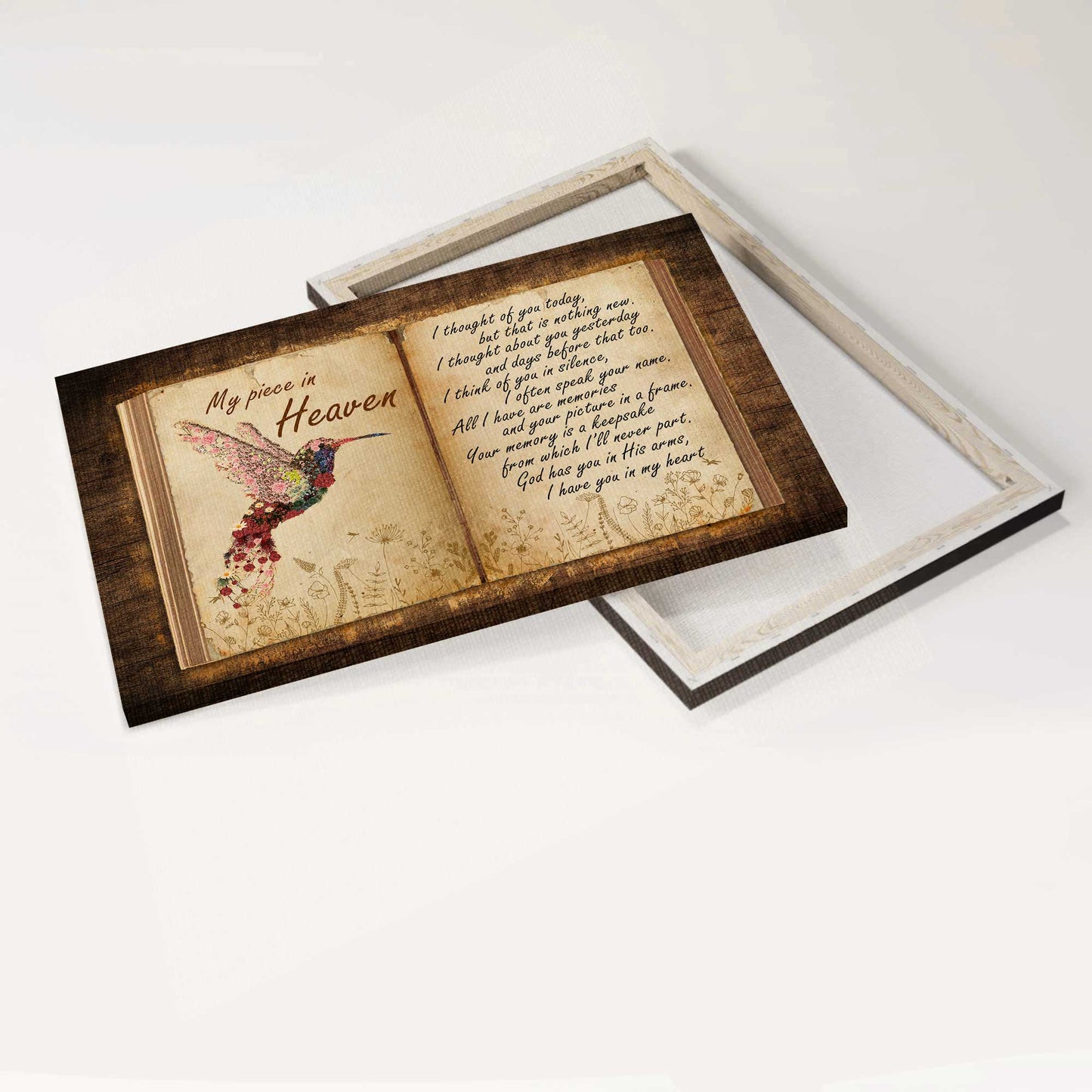 Memorial Landscape Canvas- Flower hummingbird, Antique book, Old letter canvas- Gift for members family- My piece in heaven - Heaven Landscape Canvas Prints, Wall Art