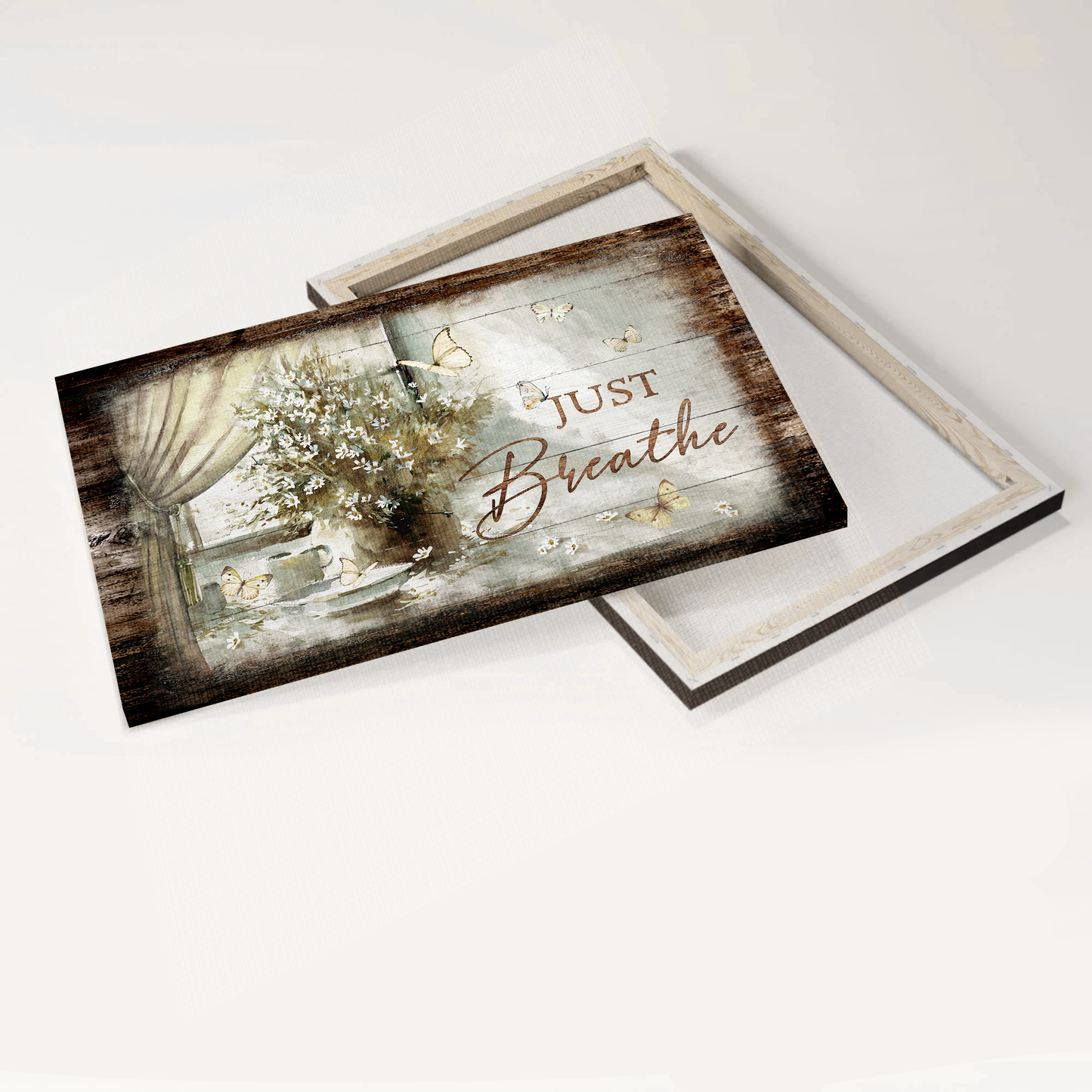 Jesus Landscape Canvas- Flower painting, Flower vase, White butterfly painting- Gift for Christian- Just breathe - Landscape Canvas Prints, Wall Art